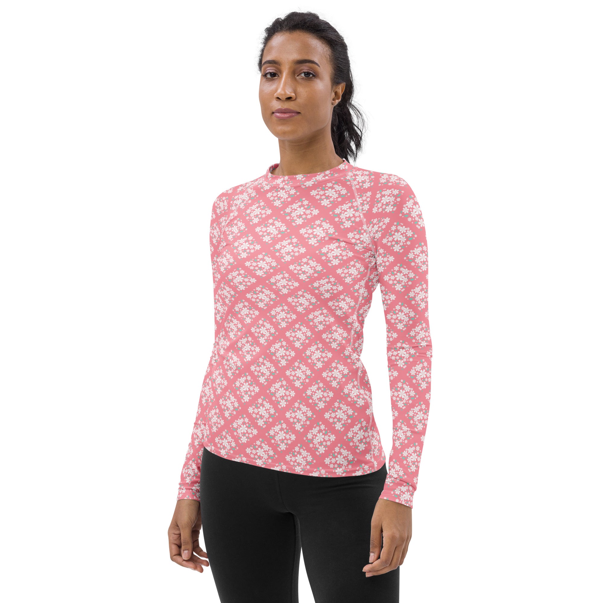 Women's Pink Floral Diamond Long Sleeve Rash Guard Swim Shirt – Buttery Soft, Sun Safe UPF 50+ Protection, Quick Dry & 4-Way Stretch Comfort