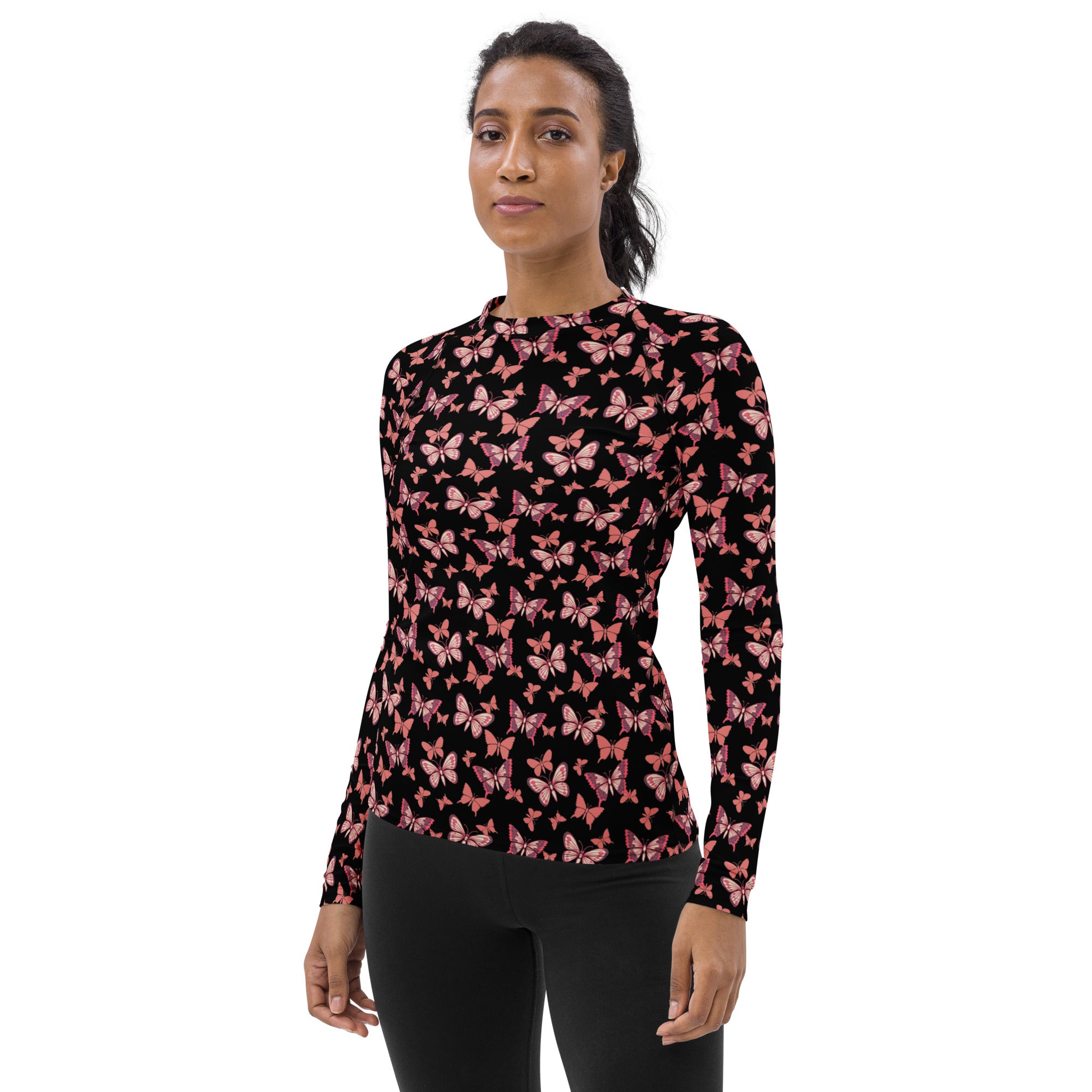 Women's Pink Butterfly Long Sleeve Rash Guard Swim Shirt – Buttery Soft, Sun Safe UPF 50+ Protection, Quick Dry & 4-Way Stretch Comfort