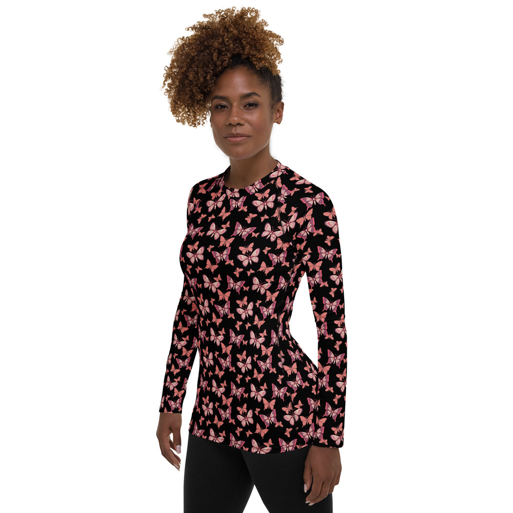 Women's Pink Butterfly Long Sleeve Rash Guard Swim Shirt – Buttery Soft, Sun Safe UPF 50+ Protection, Quick Dry & 4-Way Stretch Comfort
