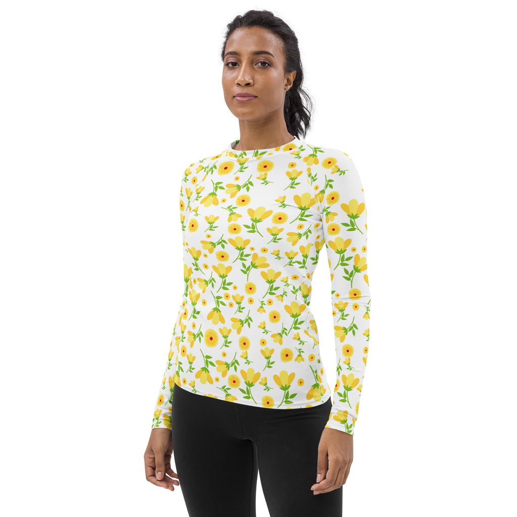 Women's Yellow Floral Wildflower Long Sleeve Rash Guard Swim Shirt – Buttery Soft, Sun Safe UPF 50+ Protection, Quick Dry & 4-Way Stretch Comfort