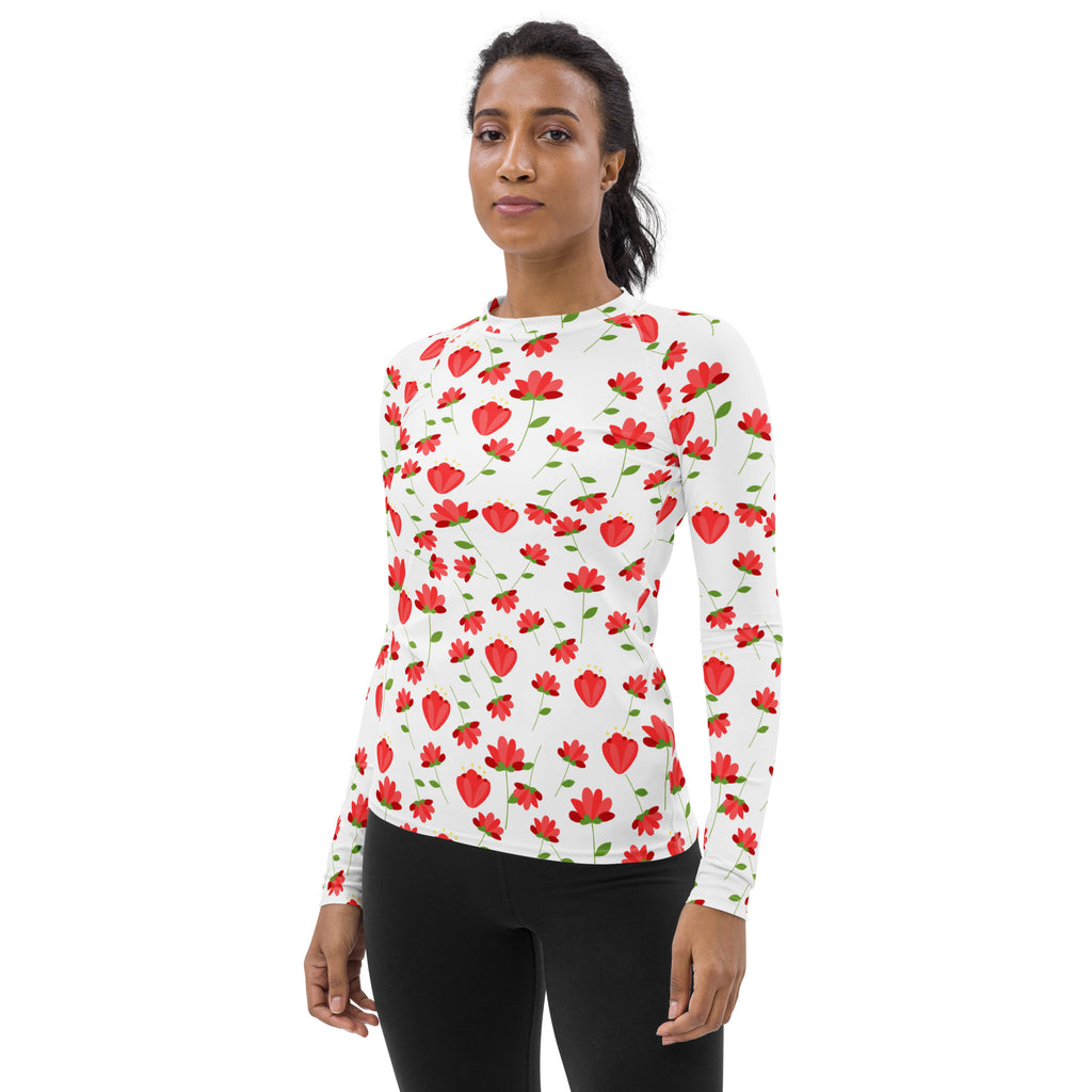 Women's Red Floral Wildflower Long Sleeve Rash Guard Swim Shirt – Buttery Soft, Sun Safe UPF 50+ Protection, Quick Dry & 4-Way Stretch Comfort