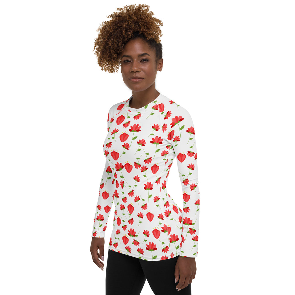 Women's Red Floral Wildflower Long Sleeve Rash Guard Swim Shirt – Buttery Soft, Sun Safe UPF 50+ Protection, Quick Dry & 4-Way Stretch Comfort