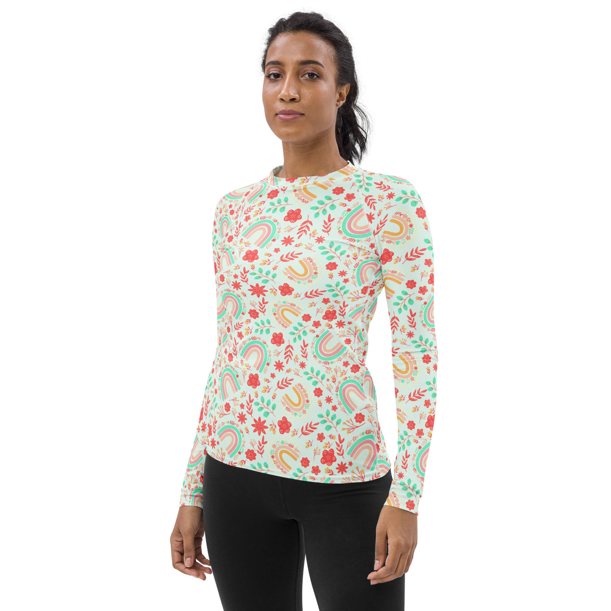 Women's Boho Rainbow Floral Long Sleeve Rash Guard Swim Shirt – Buttery Soft, Sun Safe UPF 50+ Protection, Quick Dry & 4-Way Stretch Comfort