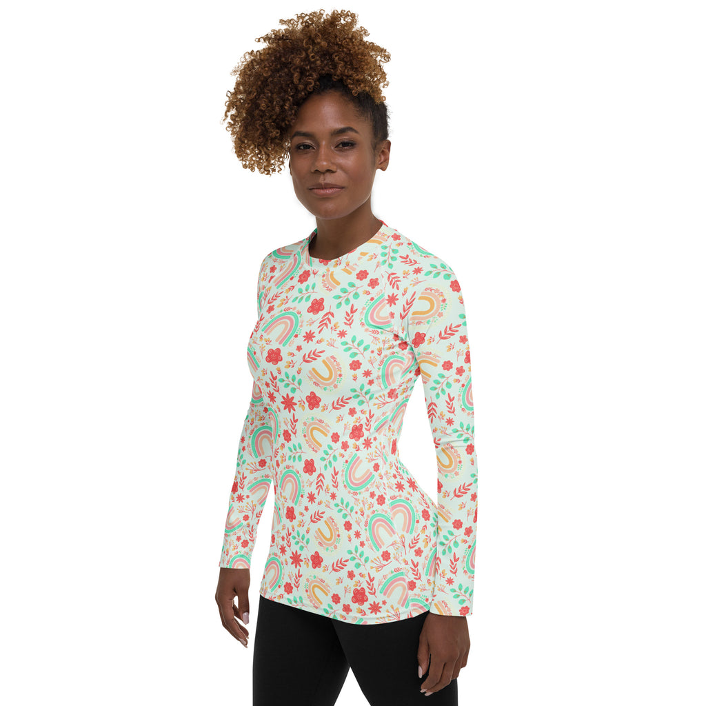Women's Boho Rainbow Floral Long Sleeve Rash Guard Swim Shirt – Buttery Soft, Sun Safe UPF 50+ Protection, Quick Dry & 4-Way Stretch Comfort
