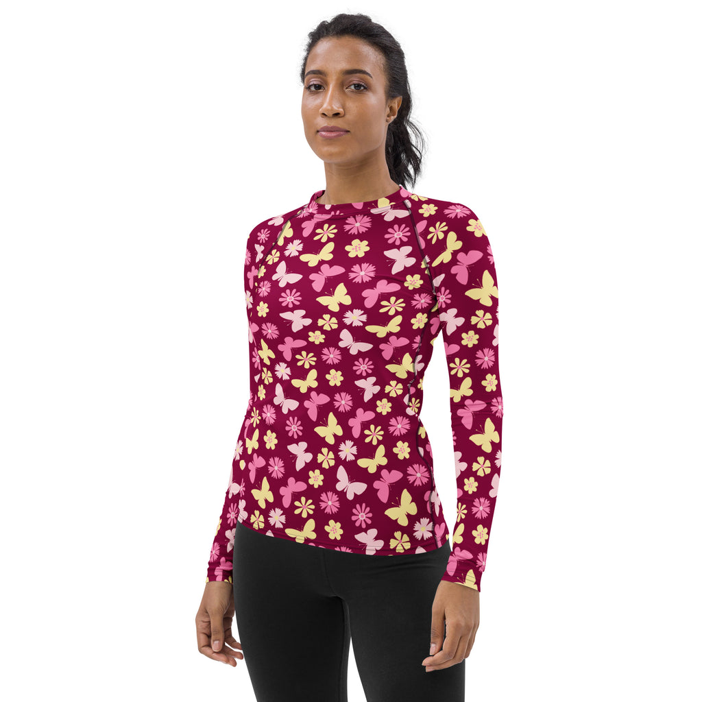 Women's Burgundy Pink Floral Butterfly Long Sleeve Rash Guard Swim Shirt – Buttery Soft, Sun Safe UPF 50+ Protection, Quick Dry & 4-Way Stretch Comfort