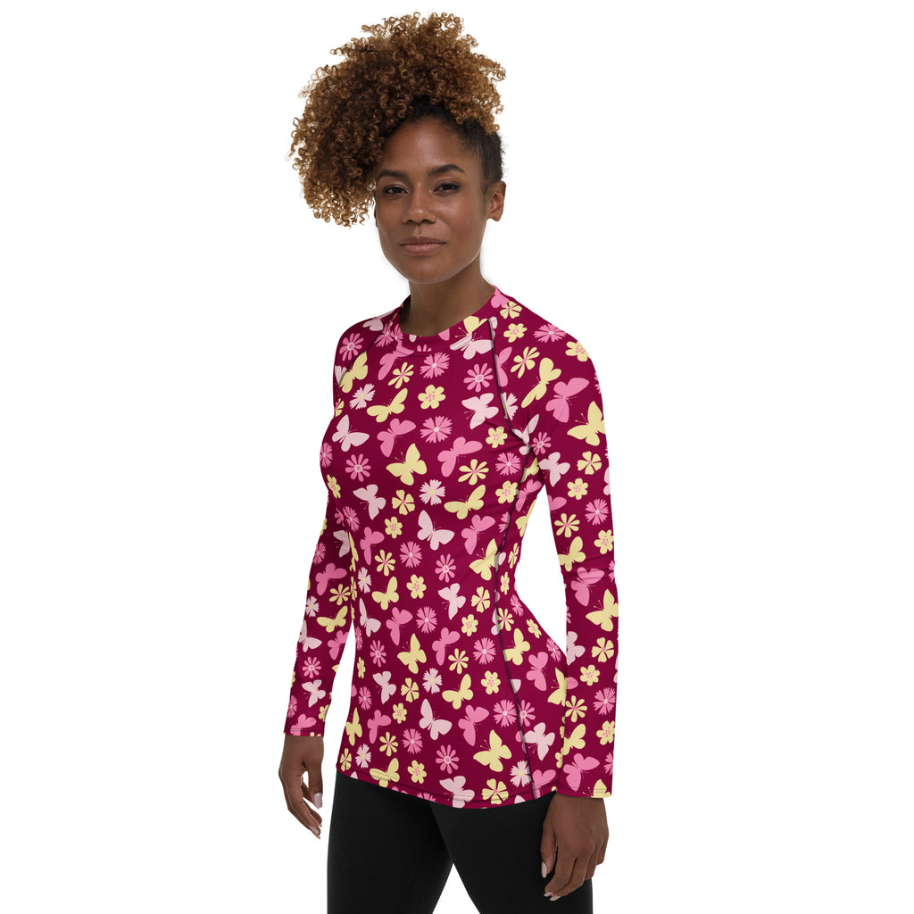Women's Burgundy Pink Floral Butterfly Long Sleeve Rash Guard Swim Shirt – Buttery Soft, Sun Safe UPF 50+ Protection, Quick Dry & 4-Way Stretch Comfort