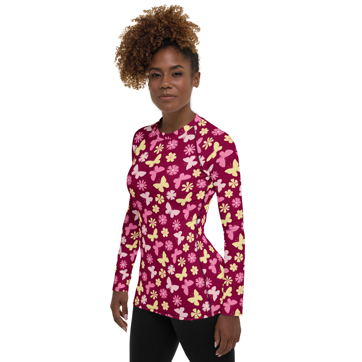 Women's Burgundy Pink Floral Butterfly Long Sleeve Rash Guard Swim Shirt – Buttery Soft, Sun Safe UPF 50+ Protection, Quick Dry & 4-Way Stretch Comfort