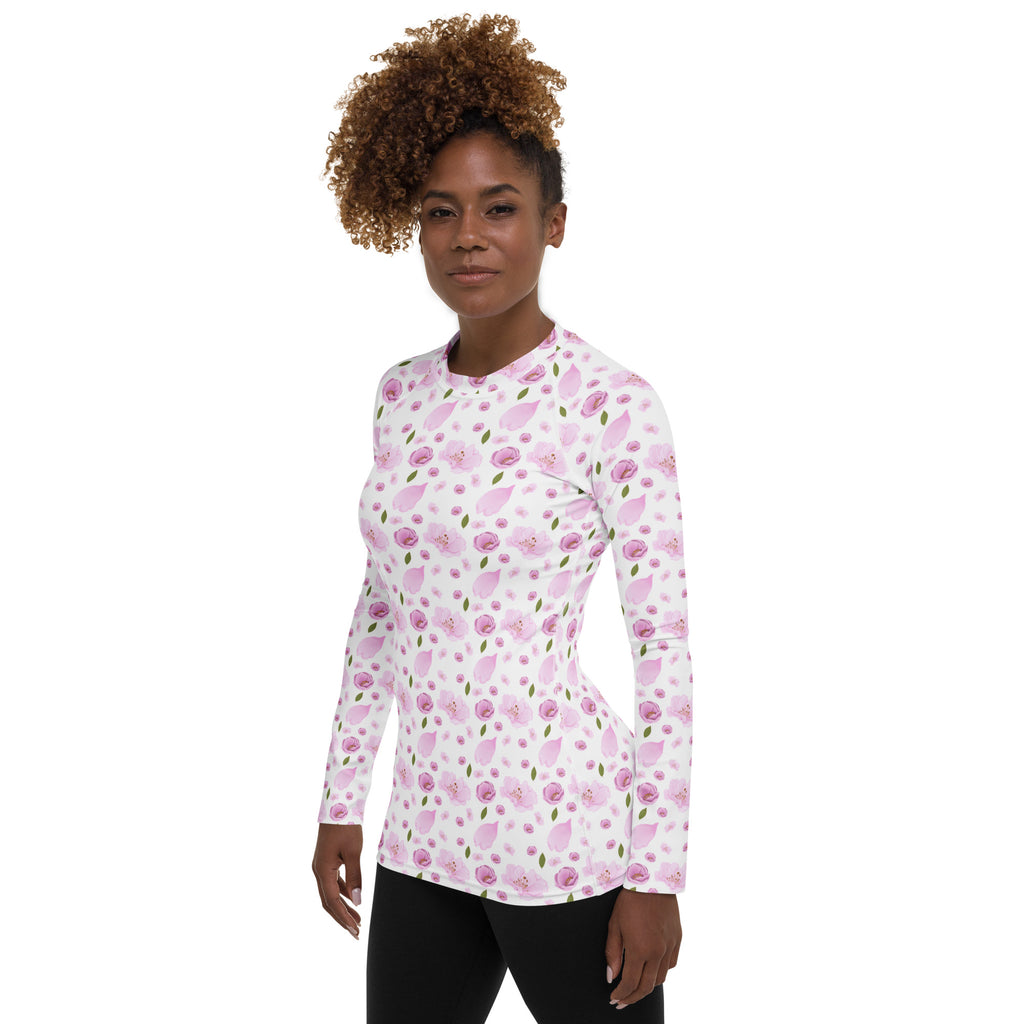 Women's Pink Watercolor Floral Long Sleeve Rash Guard Swim Shirt – Buttery Soft, Sun Safe UPF 50+ Protection, Quick Dry & 4-Way Stretch Comfort