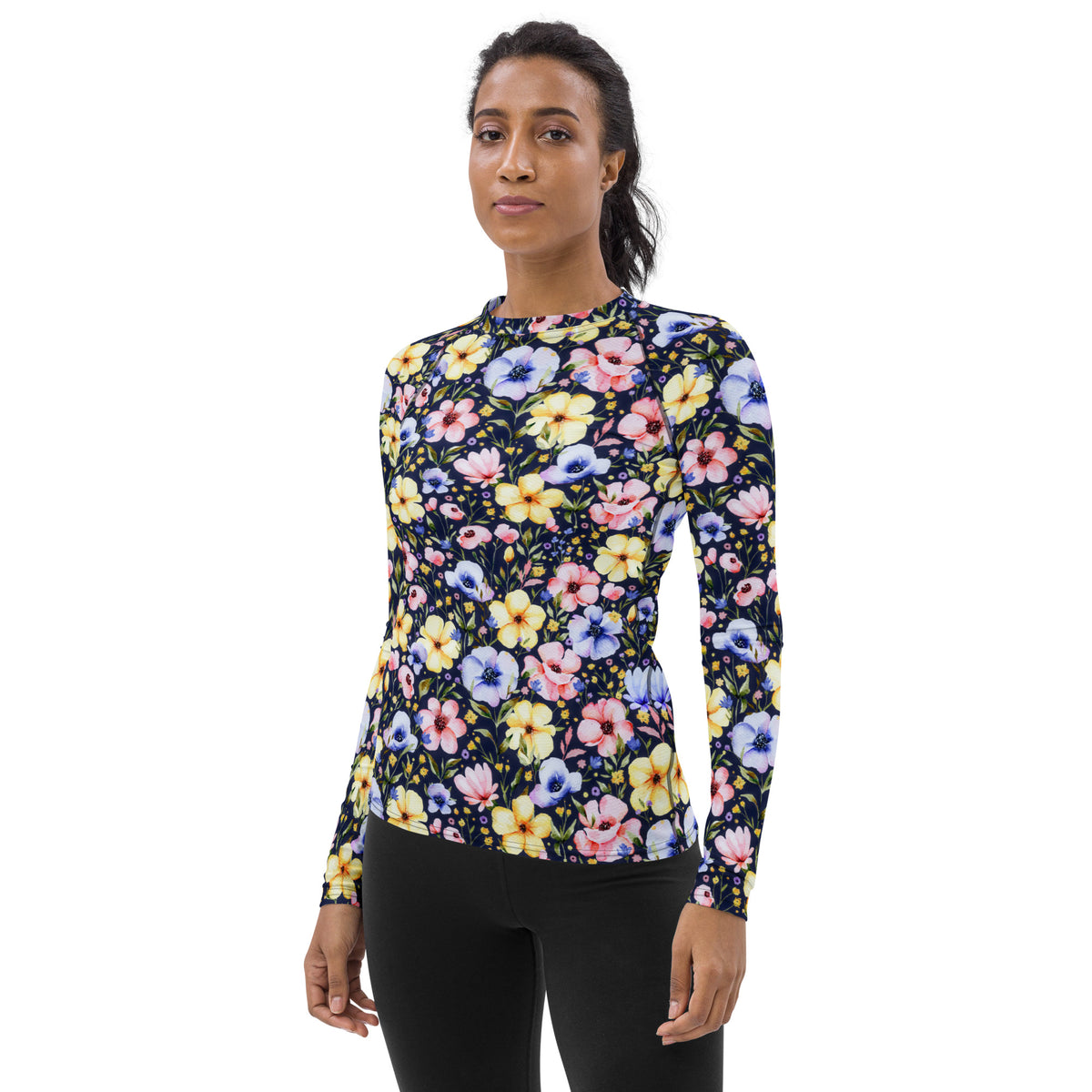 Women's Navy Watercolor Wildflower Long Sleeve Rash Guard Swim Shirt – Buttery Soft, Sun Safe UPF 50+ Protection, Quick Dry & 4-Way Stretch Comfort