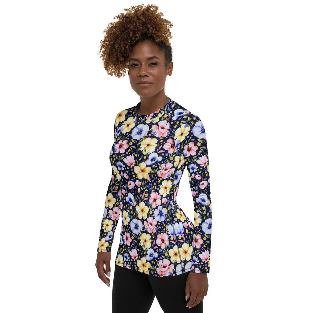 Women's Navy Watercolor Wildflower Long Sleeve Rash Guard Swim Shirt – Buttery Soft, Sun Safe UPF 50+ Protection, Quick Dry & 4-Way Stretch Comfort