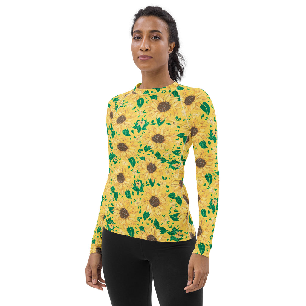 Women's Watercolor Sunflower Long Sleeve Rash Guard Swim Shirt – Buttery Soft, Sun Safe UPF 50+ Protection, Quick Dry & 4-Way Stretch Comfort