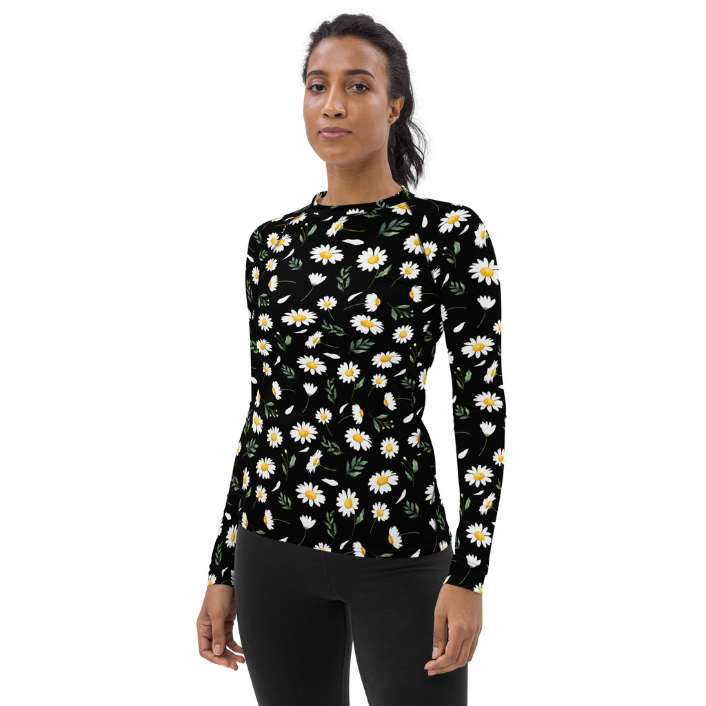 Women's Black Daisy Long Sleeve Rash Guard Swim Shirt – Buttery Soft, Sun Safe UPF 50+ Protection, Quick Dry & 4-Way Stretch Comfort