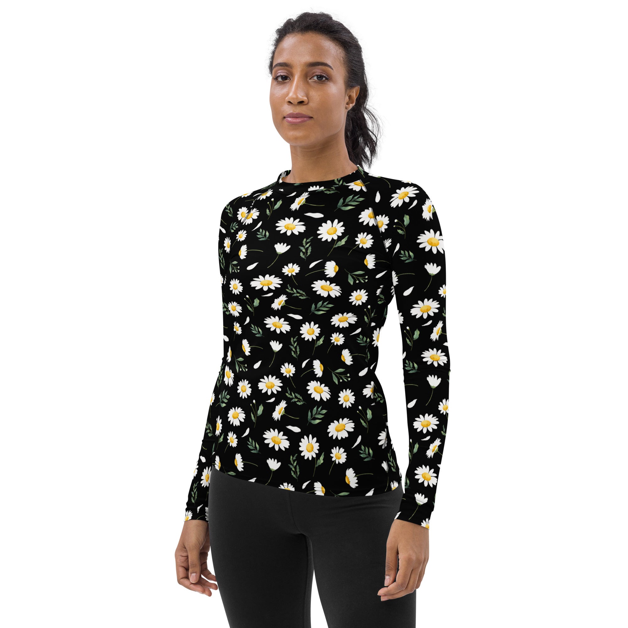 Women's Black Daisy Long Sleeve Rash Guard Swim Shirt – Buttery Soft, Sun Safe UPF 50+ Protection, Quick Dry & 4-Way Stretch Comfort