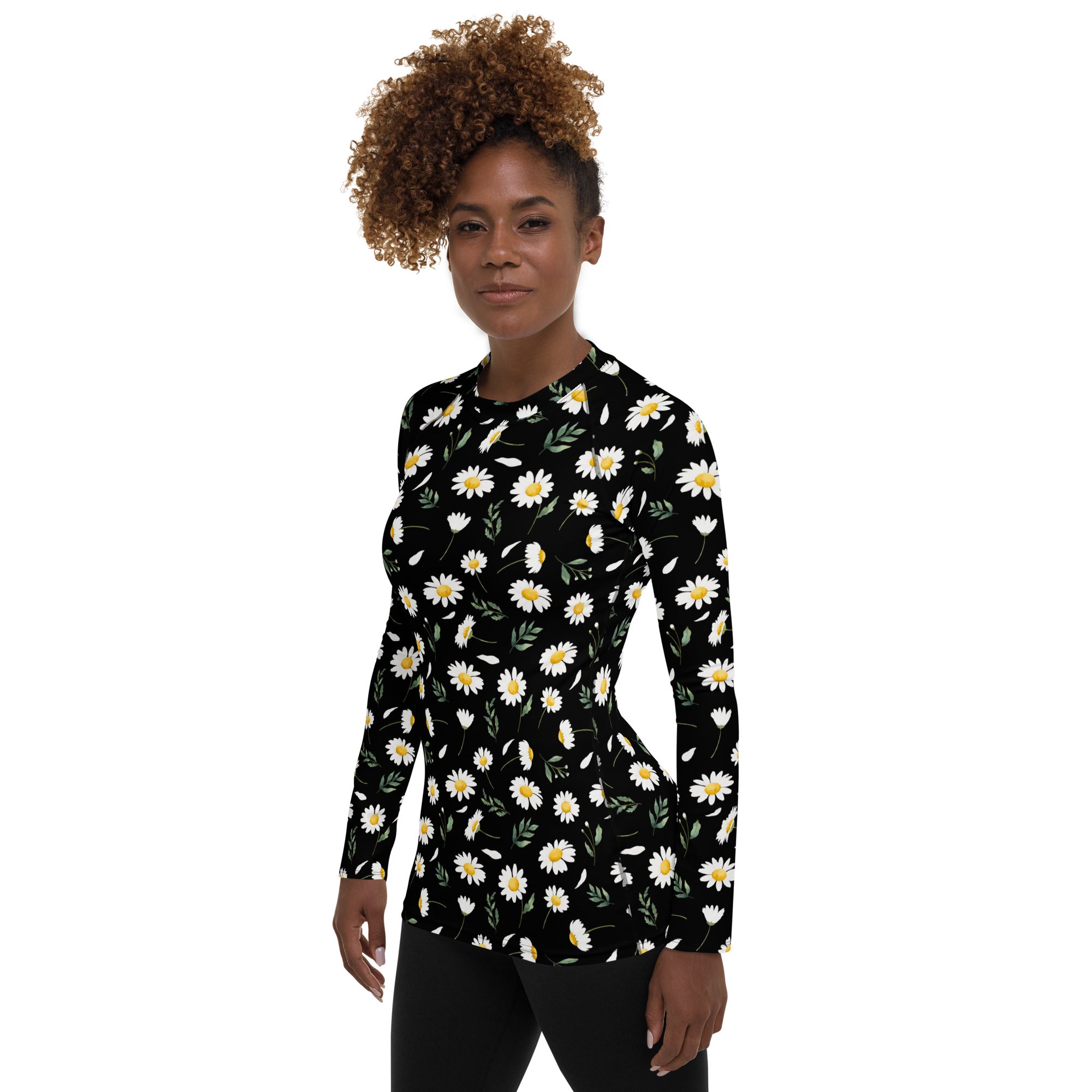 Women's Black Daisy Long Sleeve Rash Guard Swim Shirt – Buttery Soft, Sun Safe UPF 50+ Protection, Quick Dry & 4-Way Stretch Comfort