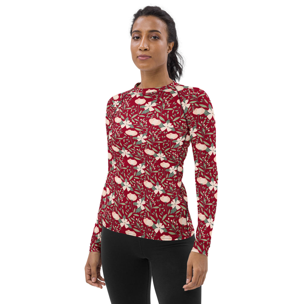 Women's Dark Red Floral Long Sleeve Rash Guard Swim Shirt – Buttery Soft, Sun Safe UPF 50+ Protection, Quick Dry & 4-Way Stretch Comfort