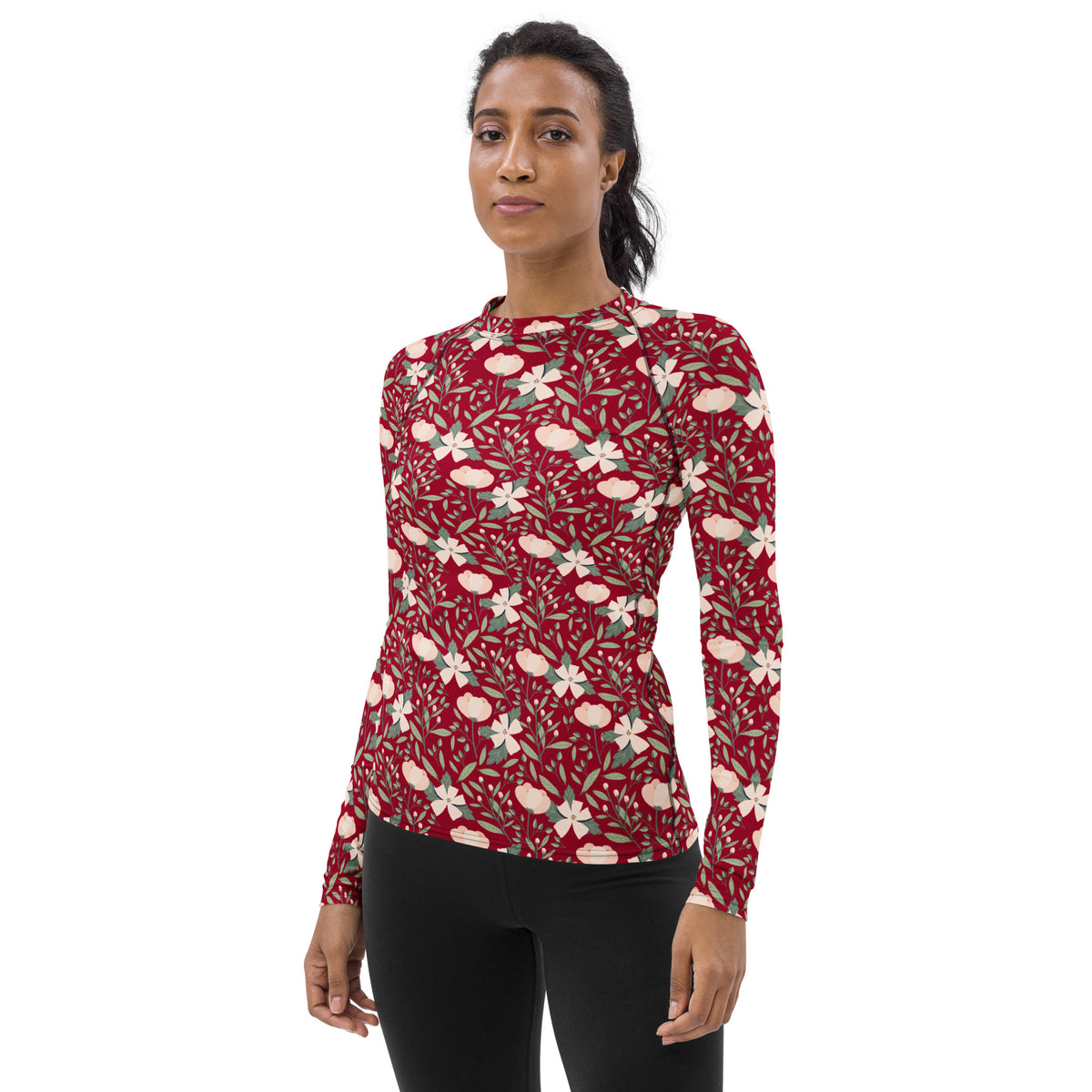 Women's Dark Red Floral Long Sleeve Rash Guard Swim Shirt – Buttery Soft, Sun Safe UPF 50+ Protection, Quick Dry & 4-Way Stretch Comfort