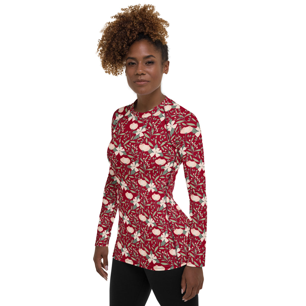 Women's Dark Red Floral Long Sleeve Rash Guard Swim Shirt – Buttery Soft, Sun Safe UPF 50+ Protection, Quick Dry & 4-Way Stretch Comfort
