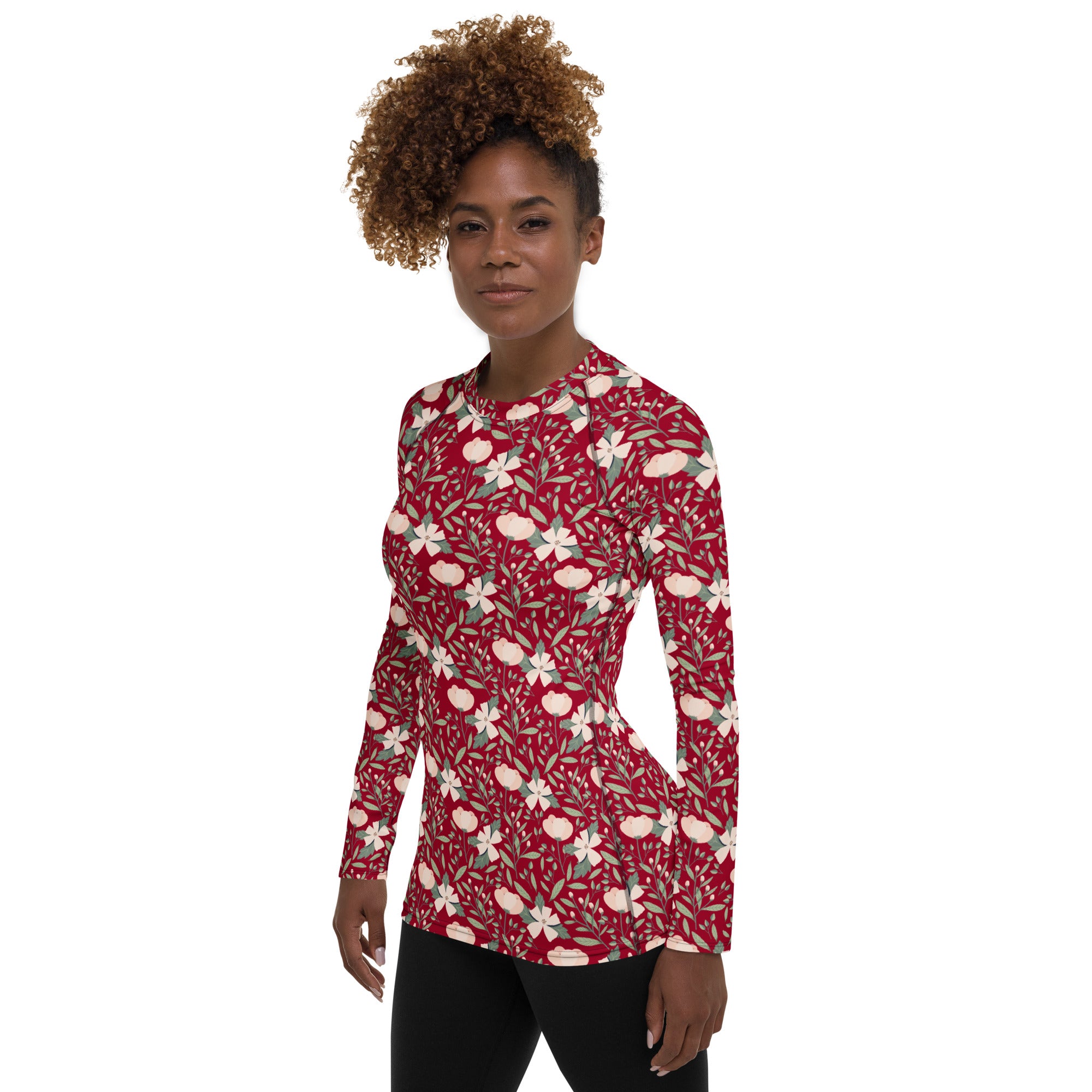 Women's Dark Red Floral Long Sleeve Rash Guard Swim Shirt – Buttery Soft, Sun Safe UPF 50+ Protection, Quick Dry & 4-Way Stretch Comfort