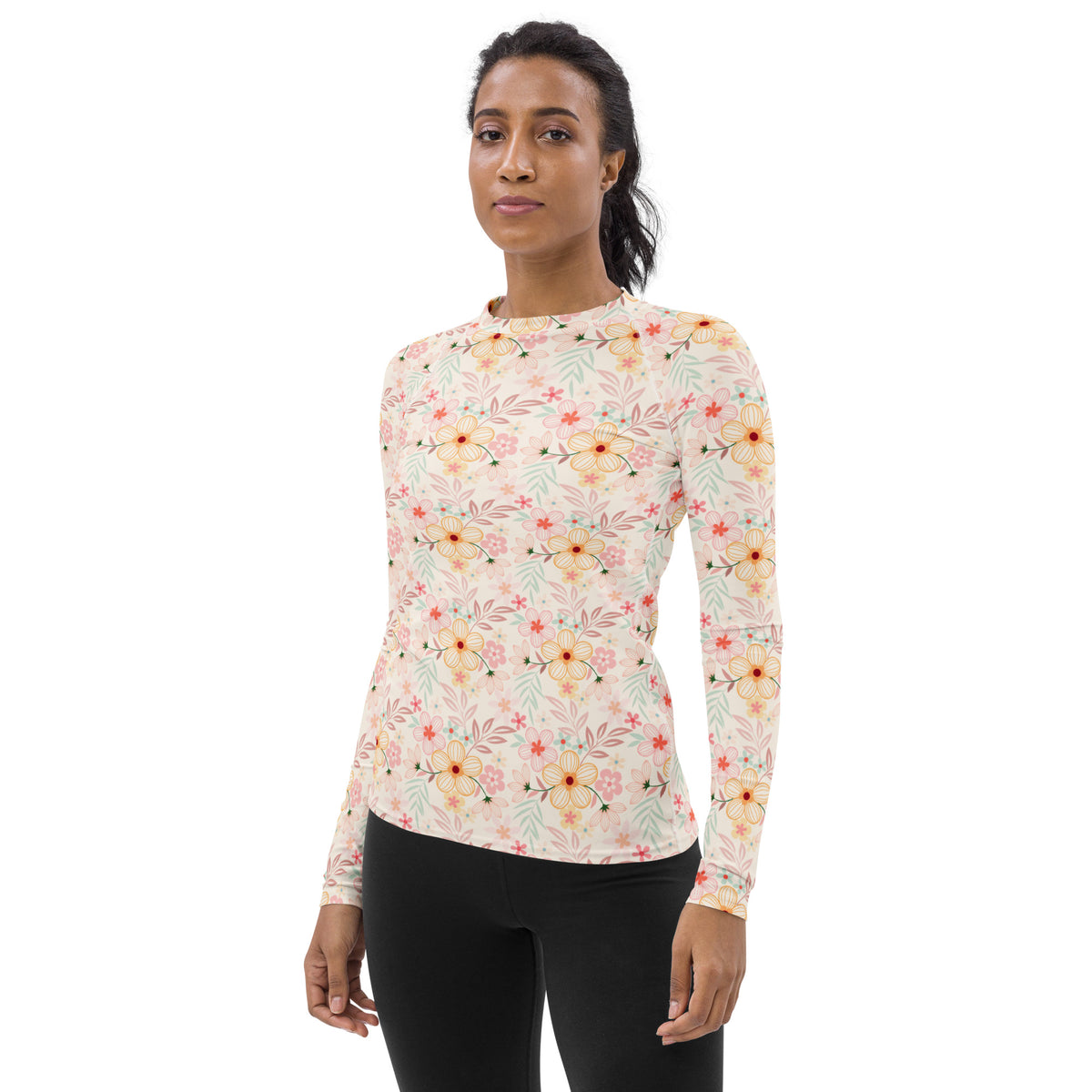 Women's Pastel Pink Wildflower Long Sleeve Rash Guard Swim Shirt – Buttery Soft, Sun Safe UPF 50+ Protection, Quick Dry & 4-Way Stretch Comfort