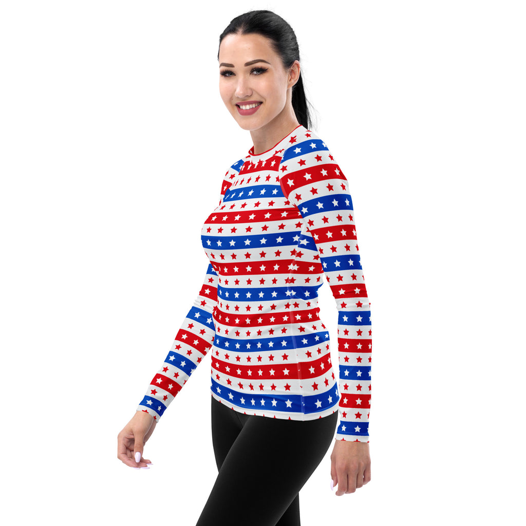 Women's Striped Red White and Blue Stars Long Sleeve Rash Guard Swim Shirt – Buttery Soft, Sun Safe UPF 50+ Protection, Quick Dry & 4-Way Stretch Comfort
