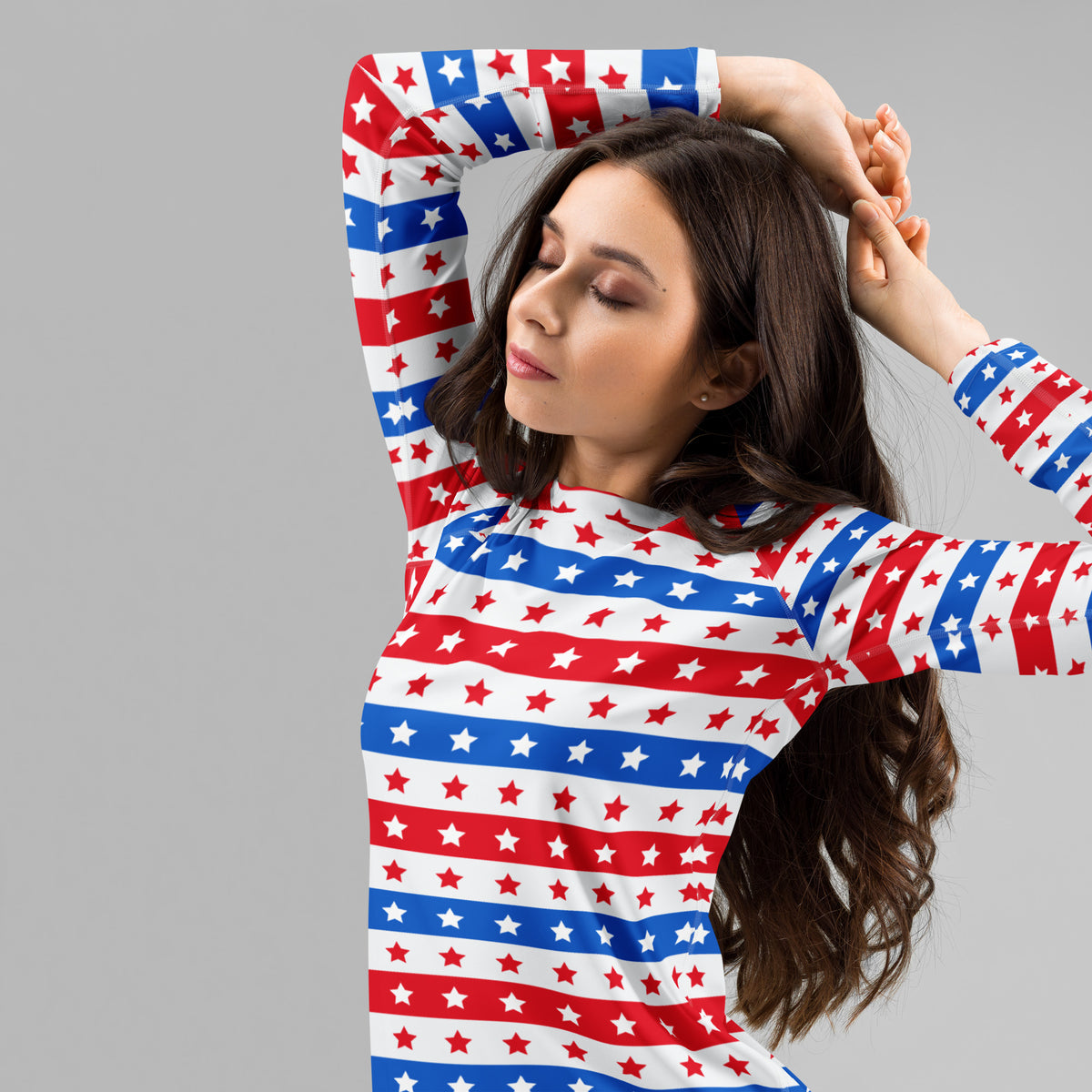 Women's Striped Red White and Blue Stars Long Sleeve Rash Guard Swim Shirt – Buttery Soft, Sun Safe UPF 50+ Protection, Quick Dry & 4-Way Stretch Comfort