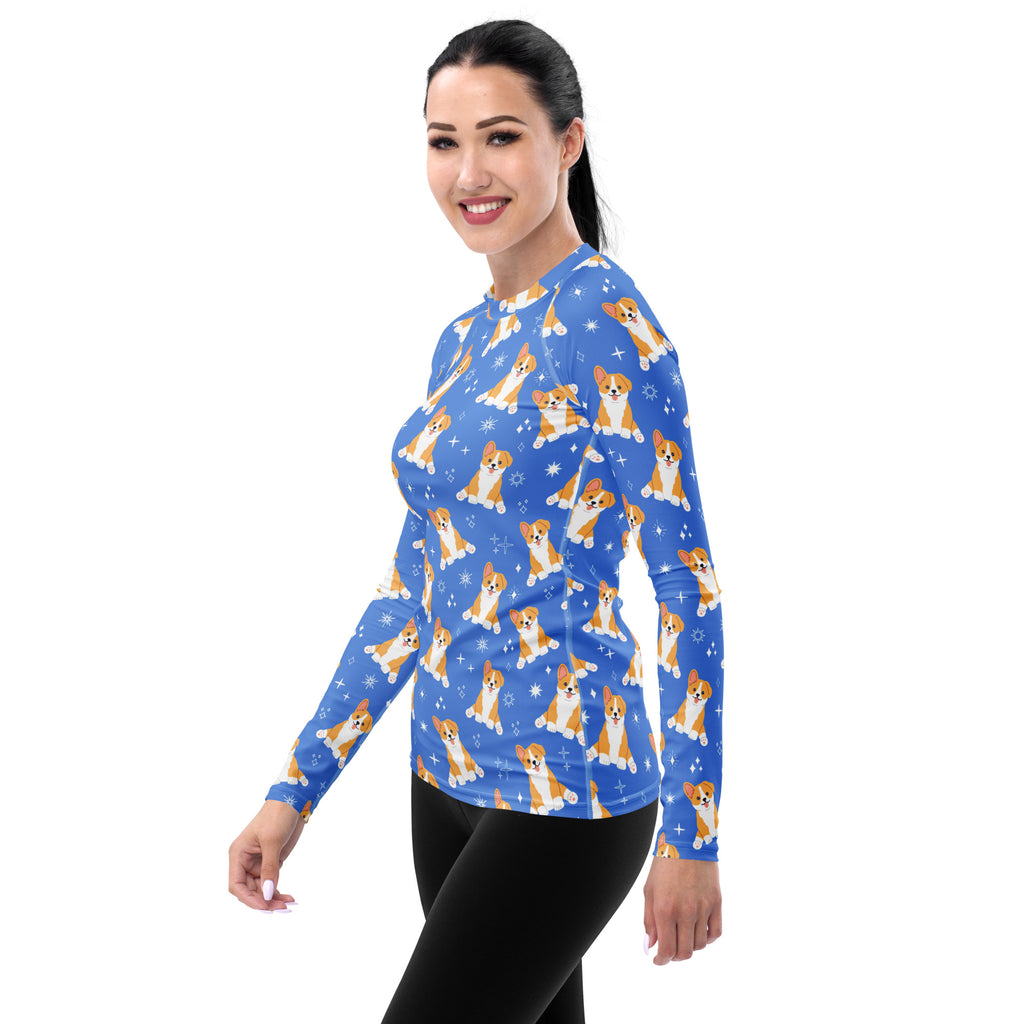 Women's Blue Corgi Dog Long Sleeve Rash Guard Swim Shirt – Buttery Soft, Sun Safe UPF 50+ Protection, Quick Dry & 4-Way Stretch Comfort