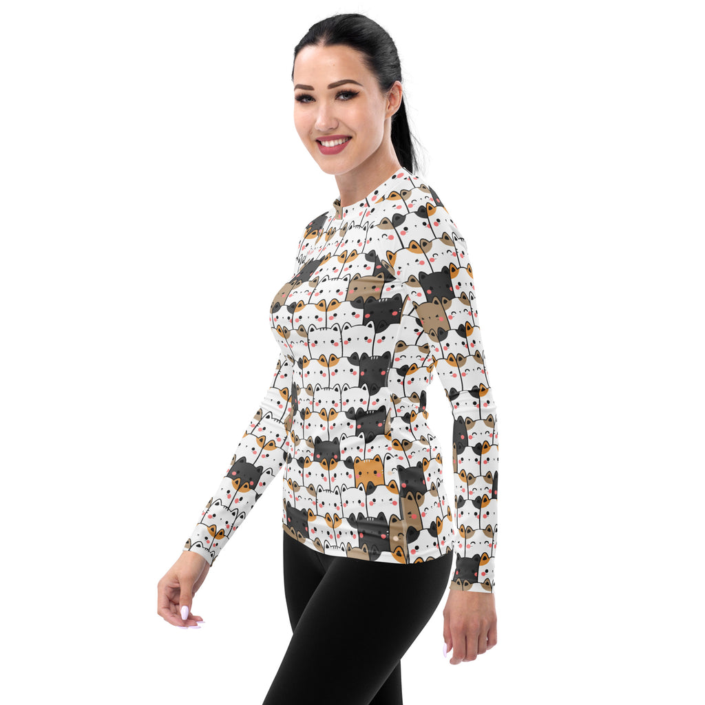 Women's Kawaii Cat Face Long Sleeve Rash Guard Swim Shirt – Buttery Soft, Sun Safe UPF 50+ Protection, Quick Dry & 4-Way Stretch Comfort