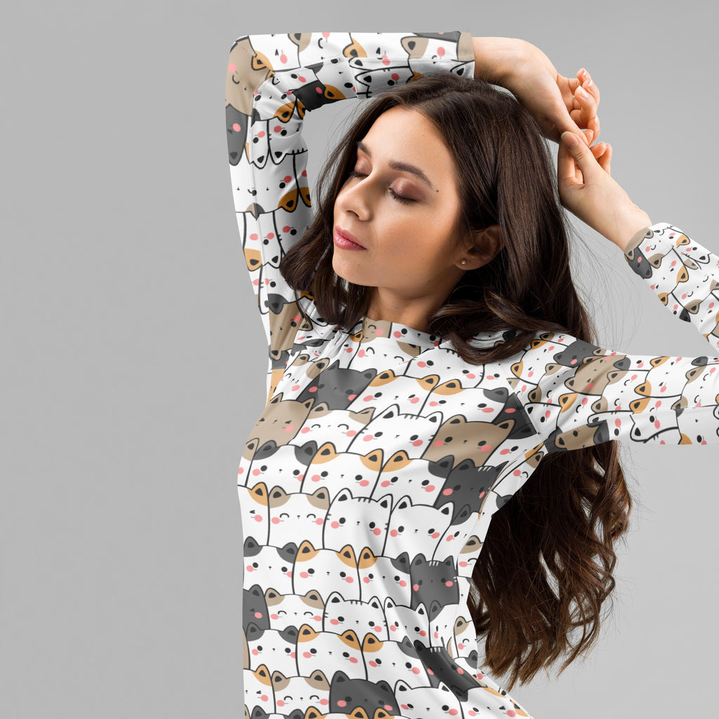 Women's Kawaii Cat Face Long Sleeve Rash Guard Swim Shirt – Buttery Soft, Sun Safe UPF 50+ Protection, Quick Dry & 4-Way Stretch Comfort