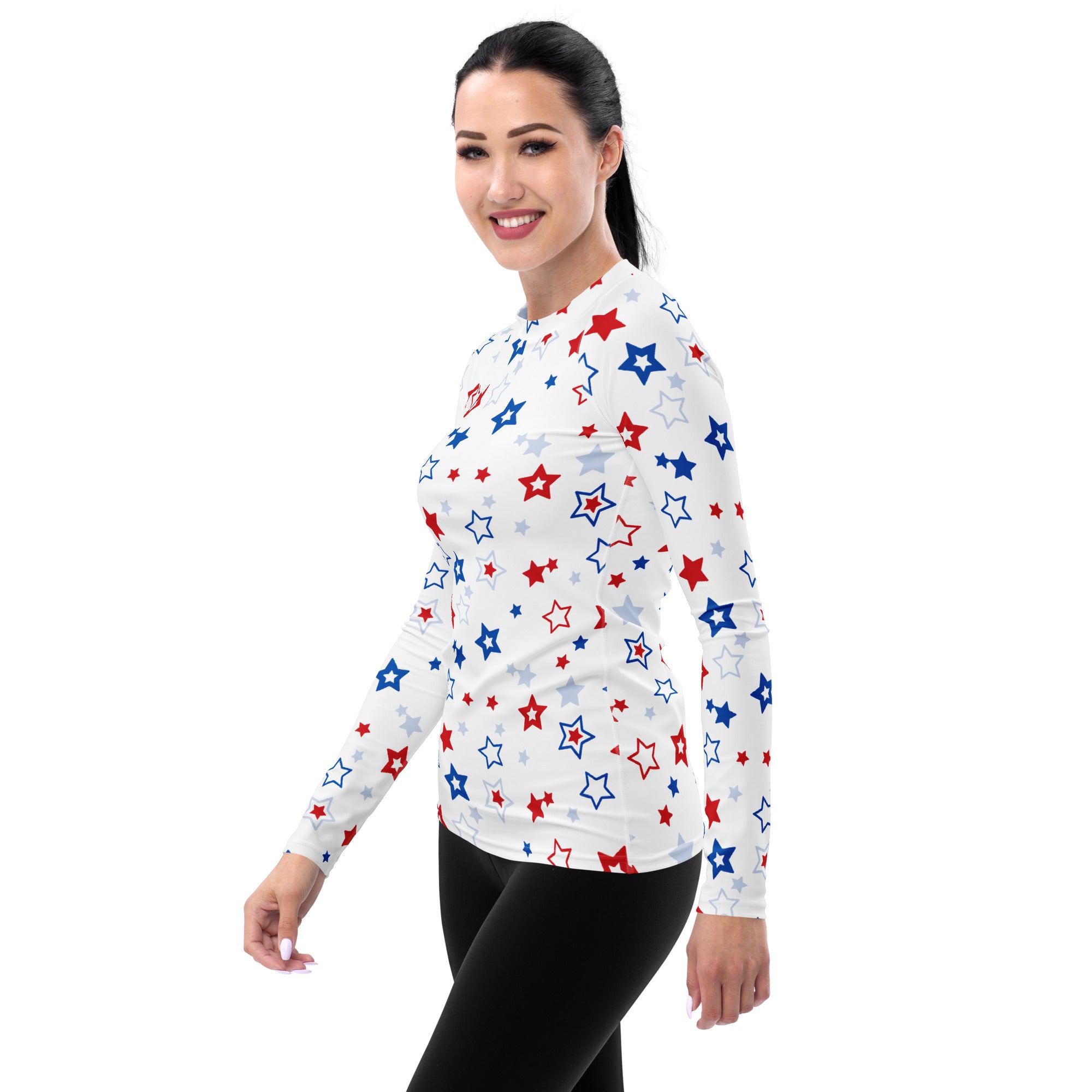 Women's Red White and Blue Stars Long Sleeve Rash Guard Swim Shirt – Buttery Soft, Sun Safe UPF 50+ Protection, Quick Dry & 4-Way Stretch Comfort