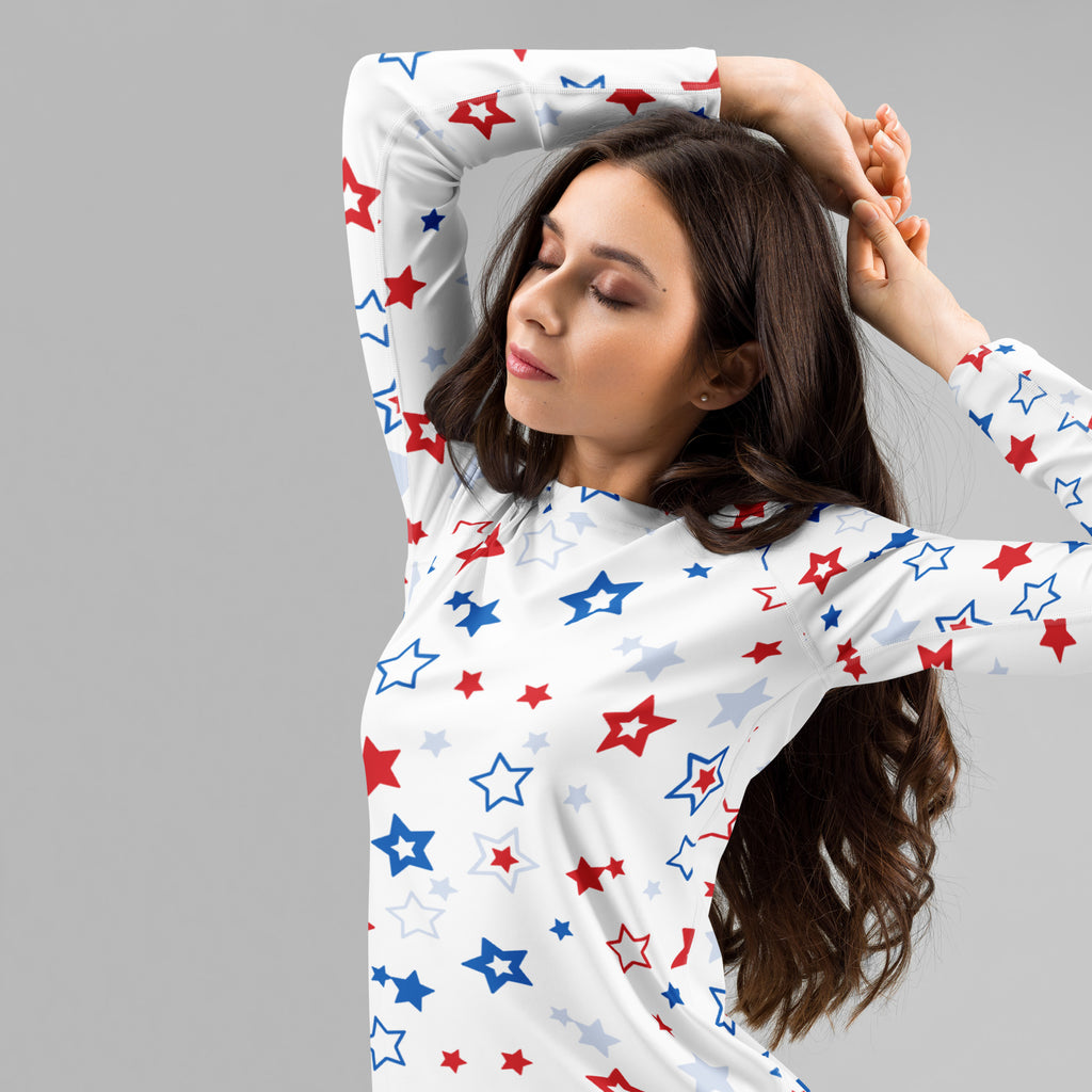 Women's Red White and Blue Stars Long Sleeve Rash Guard Swim Shirt – Buttery Soft, Sun Safe UPF 50+ Protection, Quick Dry & 4-Way Stretch Comfort