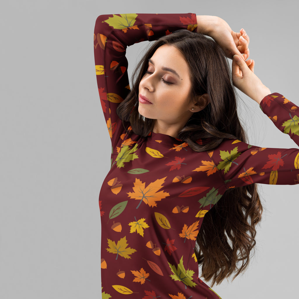 Women's Autumn Maple Leaves Long Sleeve Rash Guard Swim Shirt – Buttery Soft, Sun Safe UPF 50+ Protection, Quick Dry & 4-Way Stretch Comfort