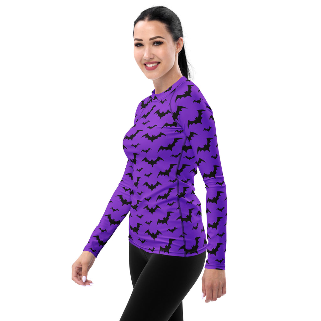 Women's Purple Bat Halloween Long Sleeve Rash Guard Swim Shirt – Buttery Soft, Sun Safe UPF 50+ Protection, Quick Dry & 4-Way Stretch Comfort
