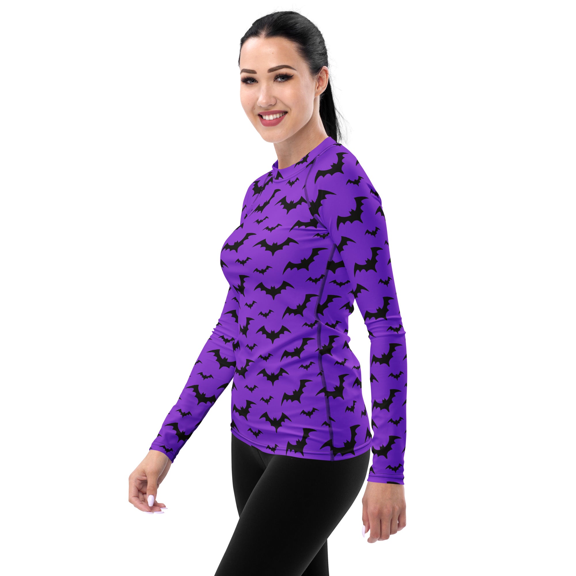 Women's Purple Bat Halloween Long Sleeve Rash Guard Swim Shirt – Buttery Soft, Sun Safe UPF 50+ Protection, Quick Dry & 4-Way Stretch Comfort