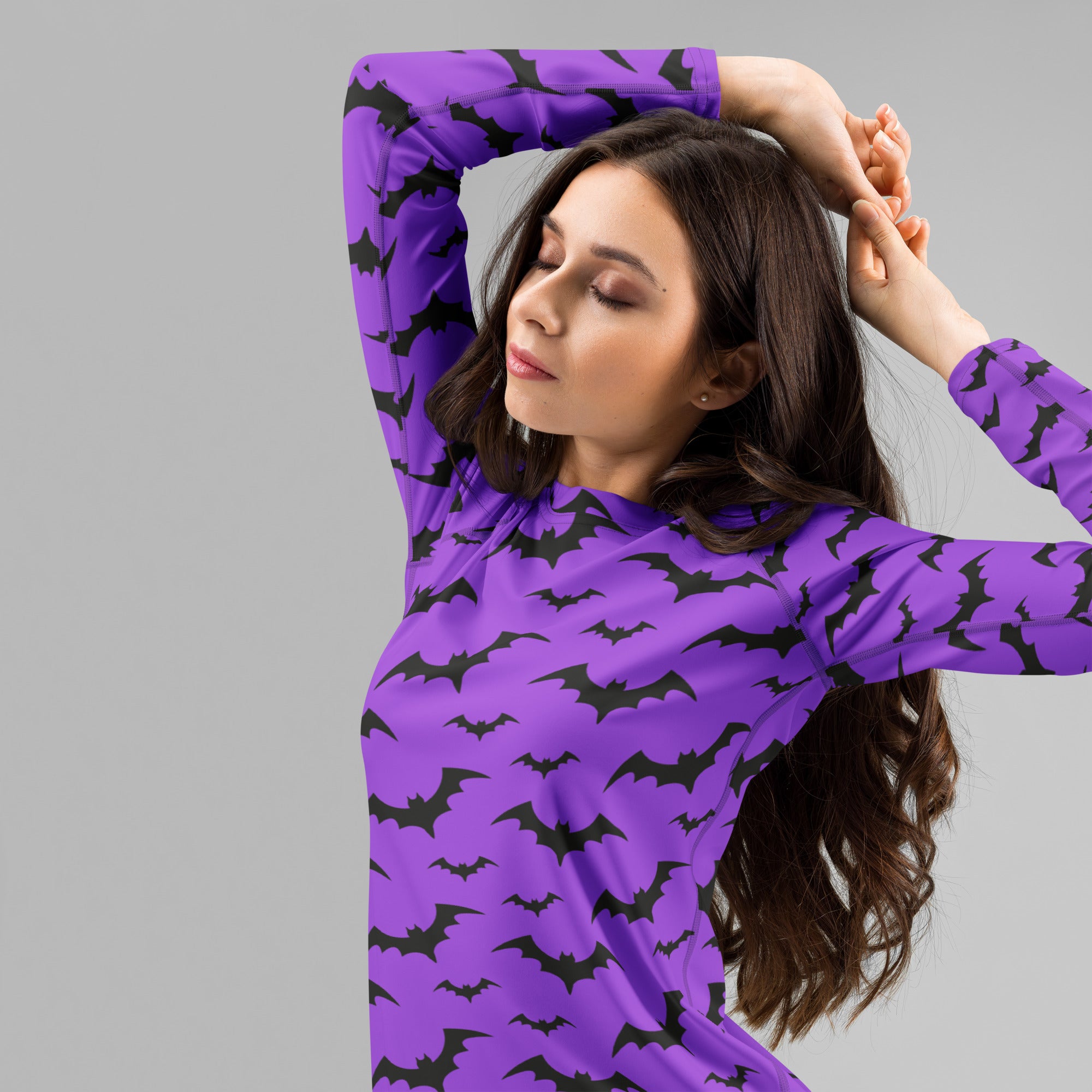 Women's Purple Bat Halloween Long Sleeve Rash Guard Swim Shirt – Buttery Soft, Sun Safe UPF 50+ Protection, Quick Dry & 4-Way Stretch Comfort