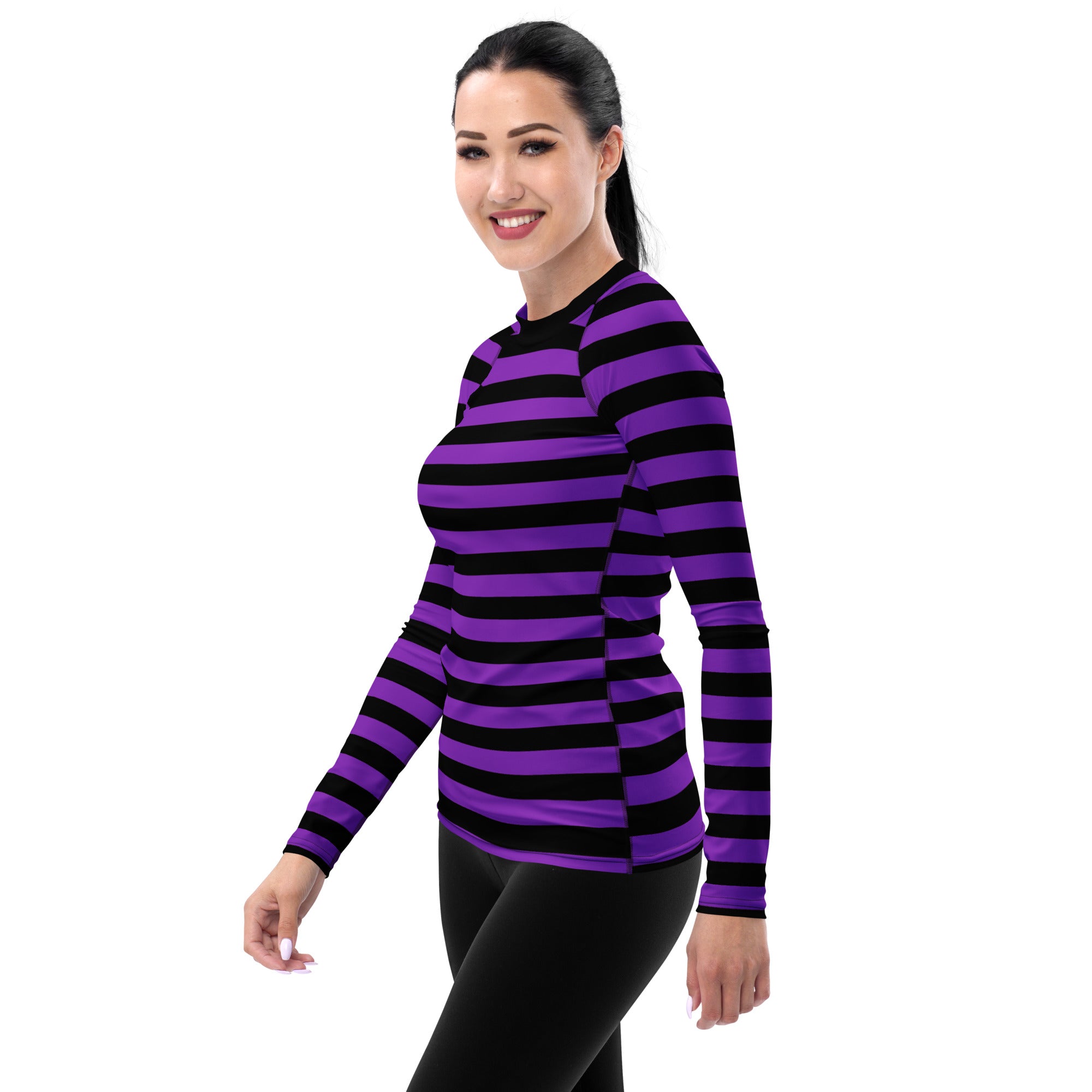 Women's Purple and Black Striped Halloween Long Sleeve Rash Guard Swim Shirt – Buttery Soft, Sun Safe UPF 50+ Protection, Quick Dry & 4-Way Stretch Comfort