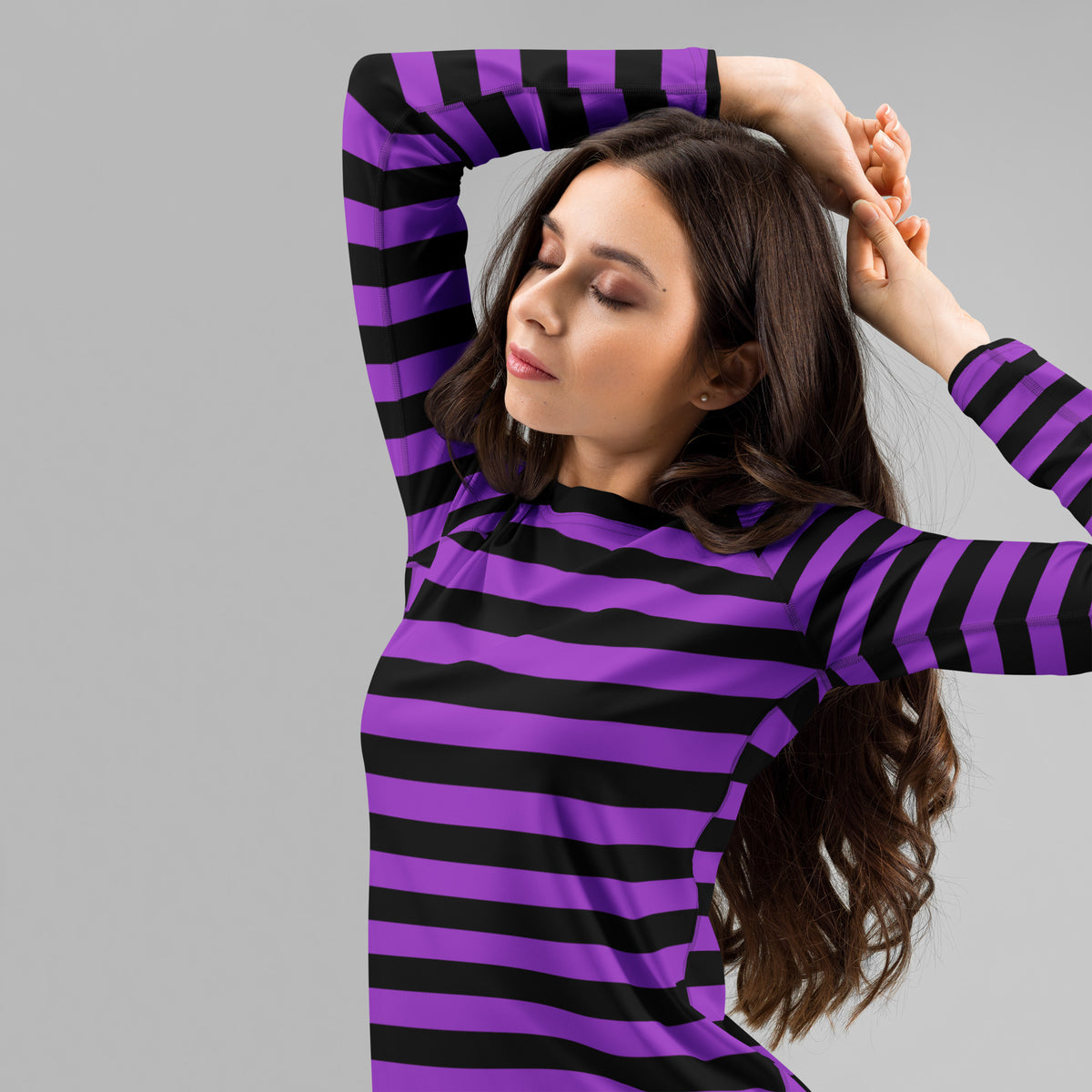 Women's Purple and Black Striped Halloween Long Sleeve Rash Guard Swim Shirt – Buttery Soft, Sun Safe UPF 50+ Protection, Quick Dry & 4-Way Stretch Comfort