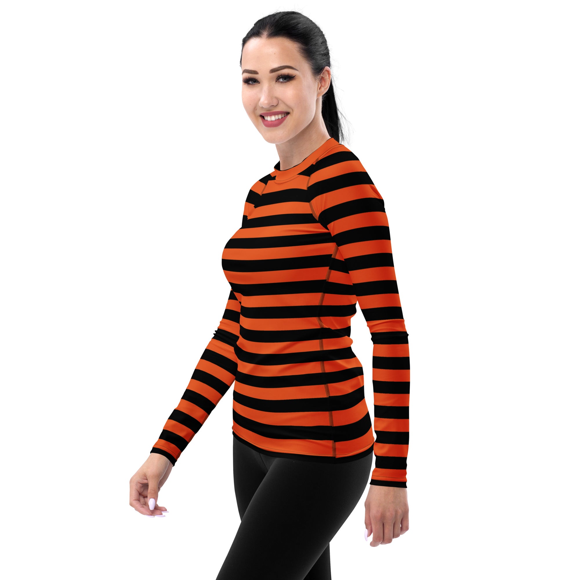 Women's Orange and Black Striped Halloween Long Sleeve Rash Guard Swim Shirt – Buttery Soft, Sun Safe UPF 50+ Protection, Quick Dry & 4-Way Stretch Comfort