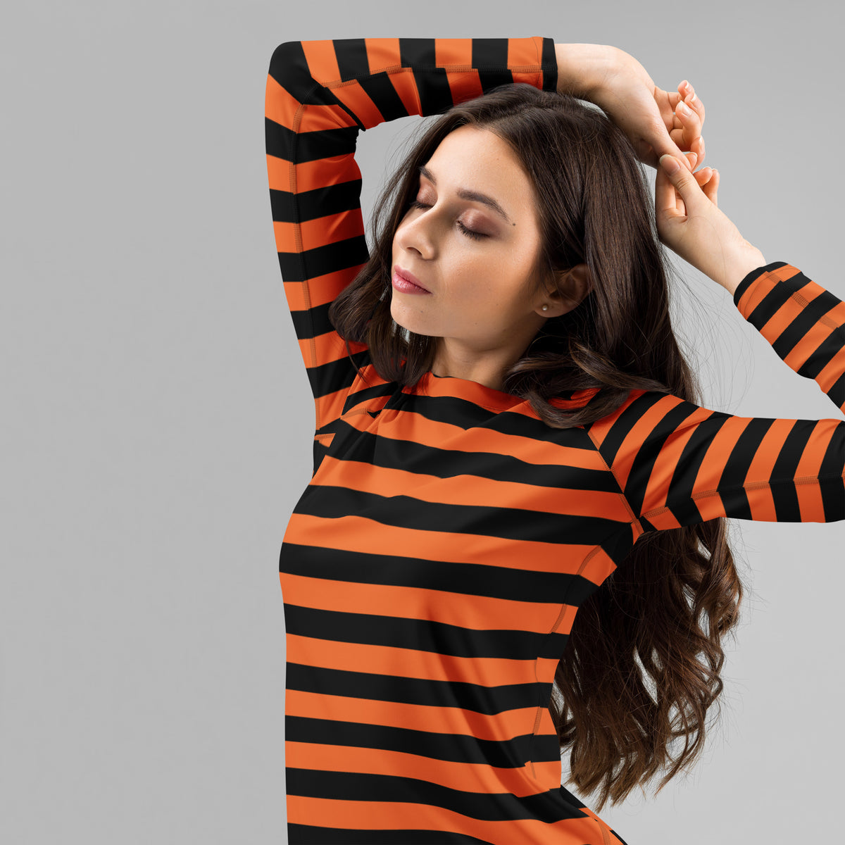 Women's Orange and Black Striped Halloween Long Sleeve Rash Guard Swim Shirt – Buttery Soft, Sun Safe UPF 50+ Protection, Quick Dry & 4-Way Stretch Comfort