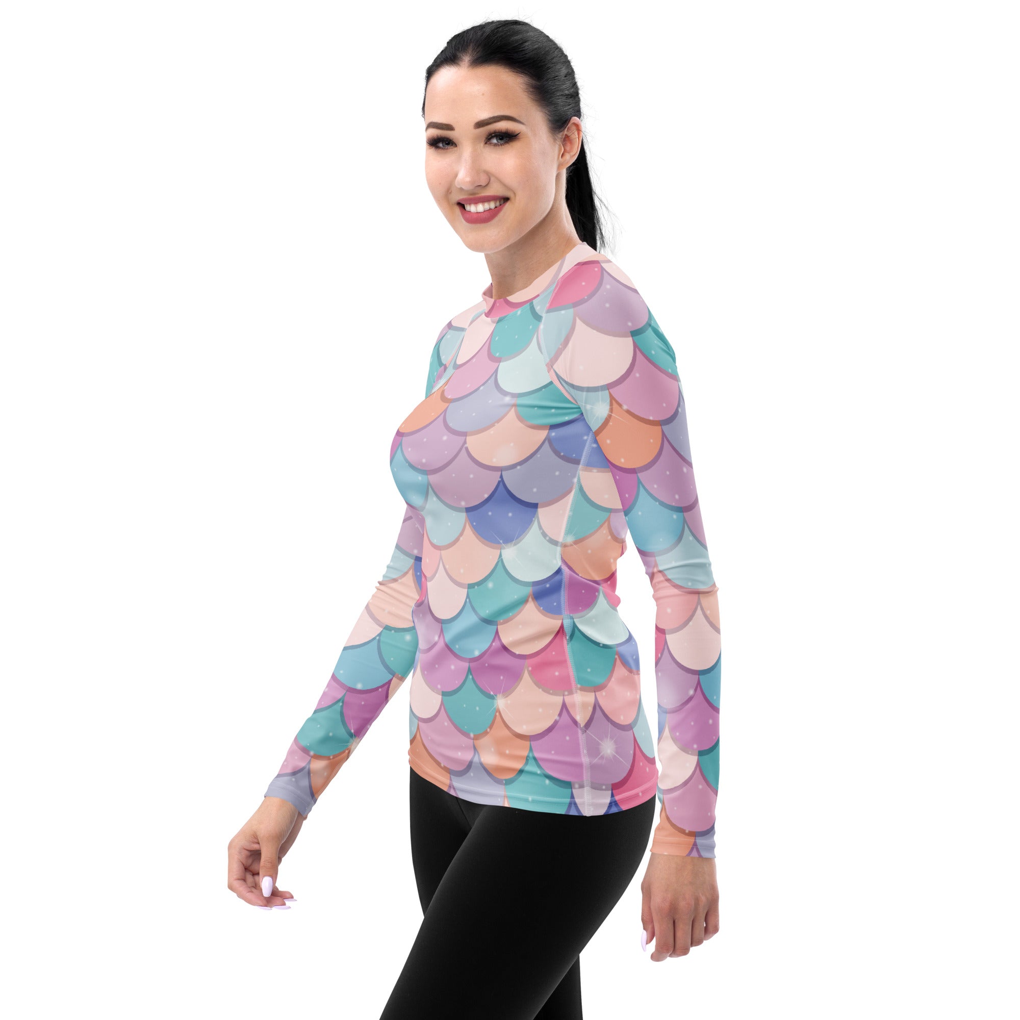 Women's Rainbow Mermaid Long Sleeve Rash Guard Swim Shirt – Buttery Soft, Sun Safe UPF 50+ Protection, Quick Dry & 4-Way Stretch Comfort