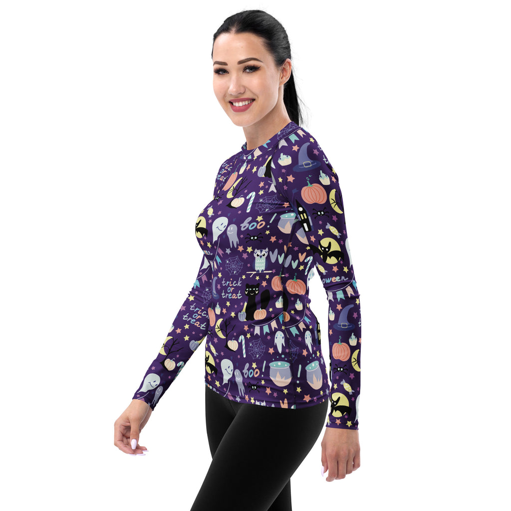 Women's Spooky Halloween Long Sleeve Rash Guard Swim Shirt – Buttery Soft, Sun Safe UPF 50+ Protection, Quick Dry & 4-Way Stretch Comfort