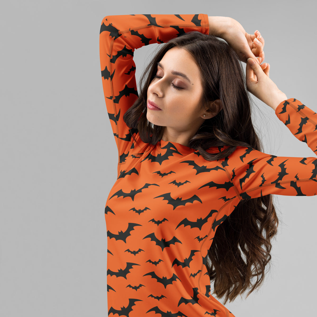 Women's Orange Bat Halloween Long Sleeve Rash Guard Swim Shirt – Buttery Soft, Sun Safe UPF 50+ Protection, Quick Dry & 4-Way Stretch Comfort