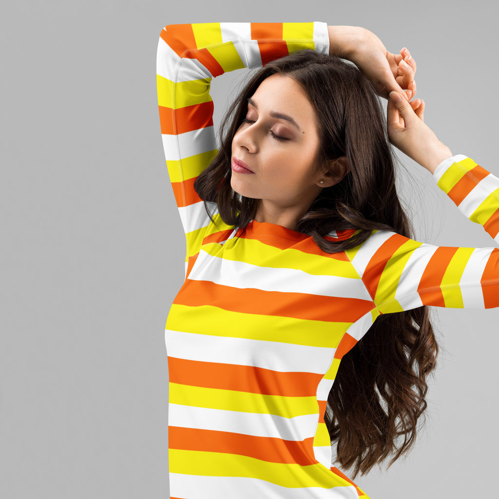 Women's Candy Corn Stripe Long Sleeve Rash Guard Swim Shirt – Buttery Soft, Sun Safe UPF 50+ Protection, Quick Dry & 4-Way Stretch Comfort