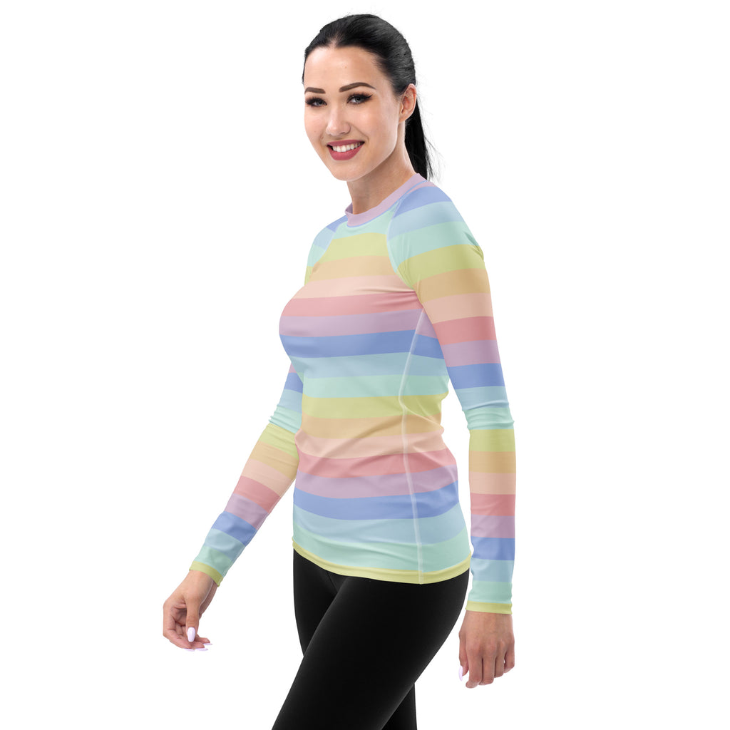 Women's Pastel Rainbow Stripe Long Sleeve Rash Guard Swim Shirt – Buttery Soft, Sun Safe UPF 50+ Protection, Quick Dry & 4-Way Stretch Comfort
