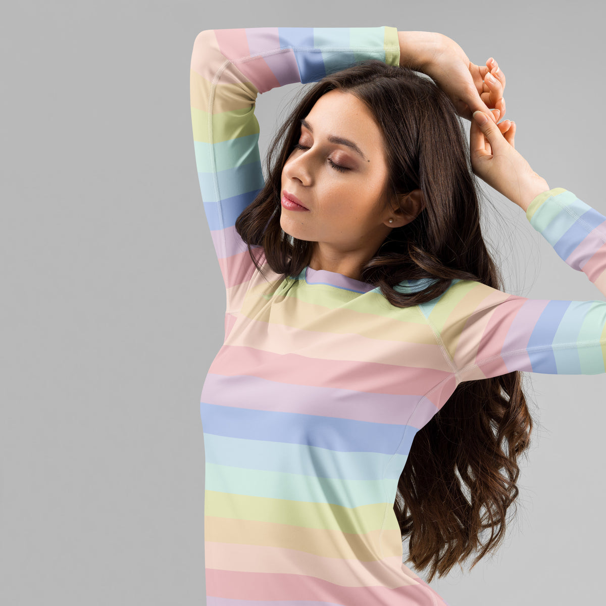 Women's Pastel Rainbow Stripe Long Sleeve Rash Guard Swim Shirt – Buttery Soft, Sun Safe UPF 50+ Protection, Quick Dry & 4-Way Stretch Comfort