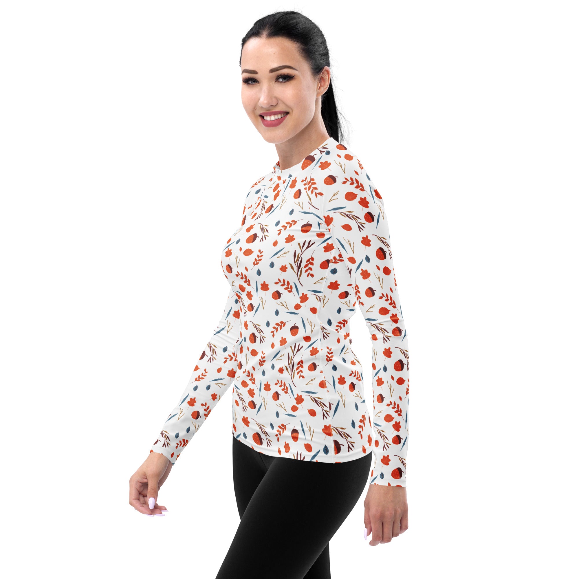 Women's Autumn Acorn and Leaves Long Sleeve Rash Guard Swim Shirt – Buttery Soft, Sun Safe UPF 50+ Protection, Quick Dry & 4-Way Stretch Comfort