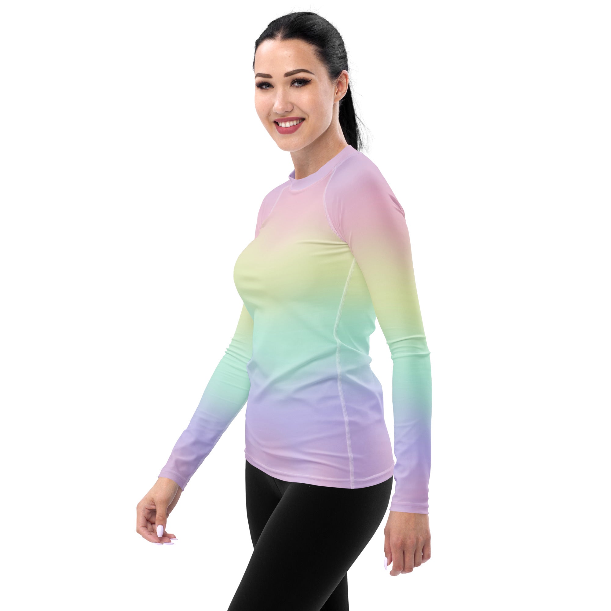 Women's Pastel Rainbow Long Sleeve Rash Guard Swim Shirt – Buttery Soft, Sun Safe UPF 50+ Protection, Quick Dry & 4-Way Stretch Comfort