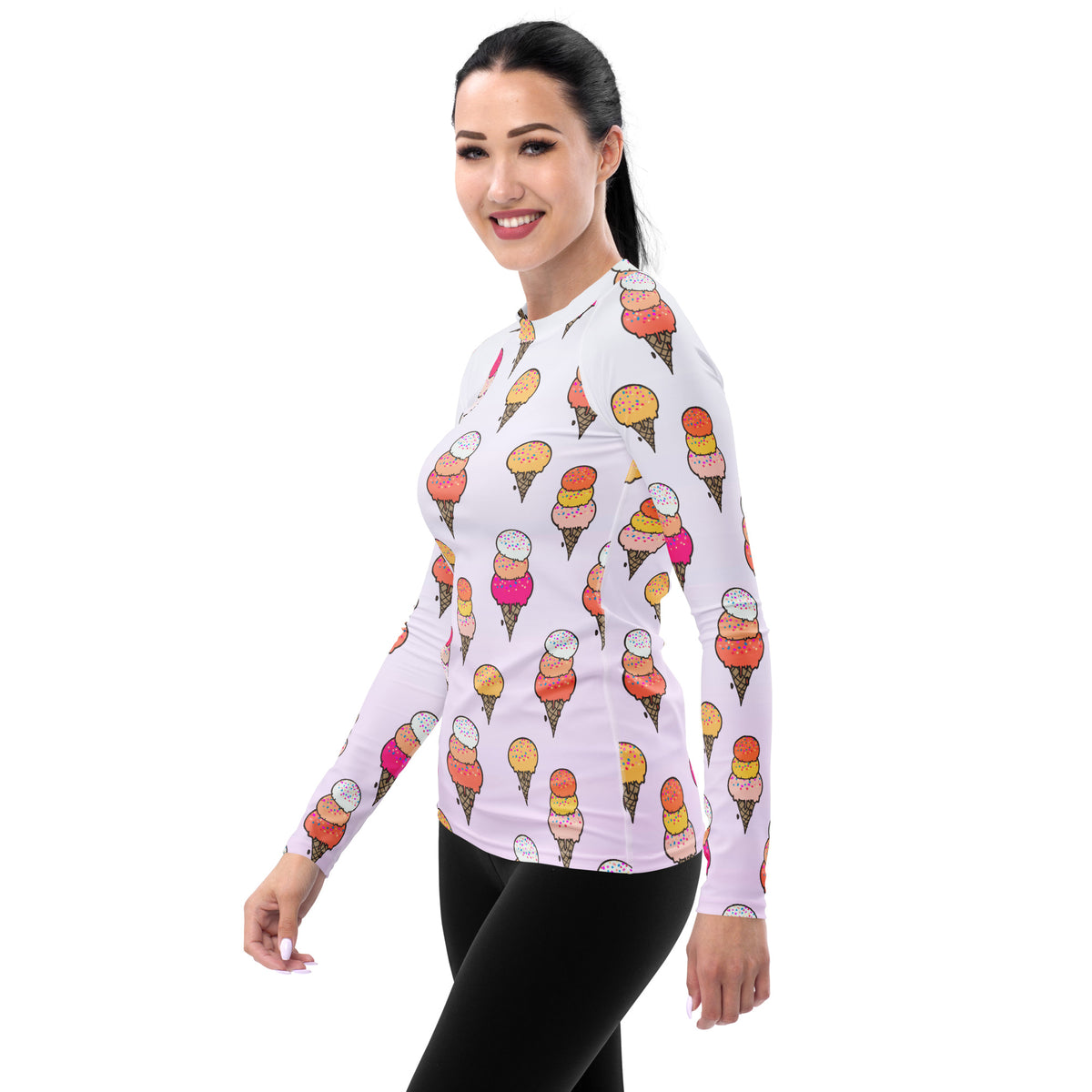 Women's Ice Cream Cone Long Sleeve Rash Guard Swim Shirt – Buttery Soft, Sun Safe UPF 50+ Protection, Quick Dry & 4-Way Stretch Comfort