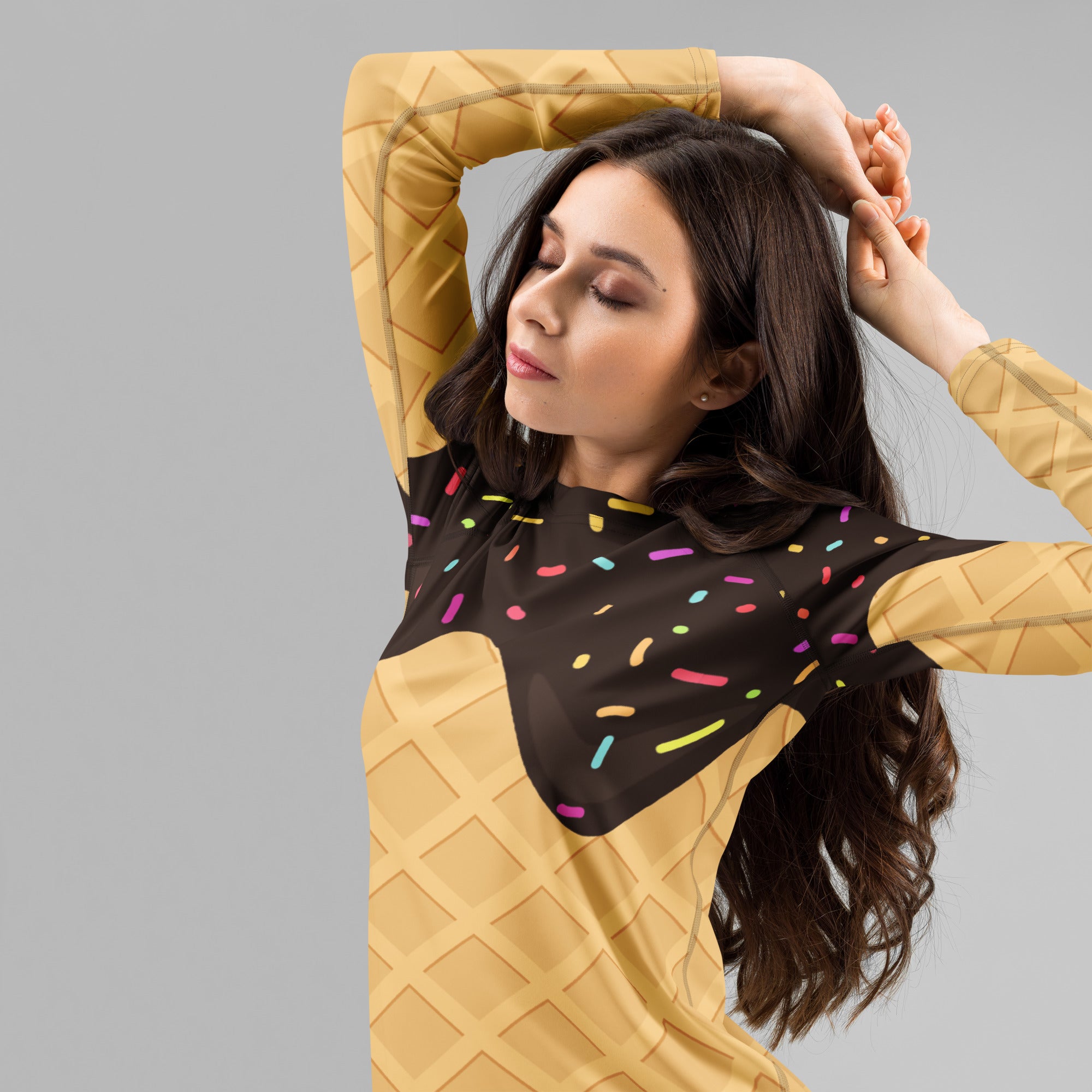 Women's Chocolate Ice Cream Cone Long Sleeve Rash Guard Swim Shirt – Buttery Soft, Sun Safe UPF 50+ Protection, Quick Dry & 4-Way Stretch Comfort