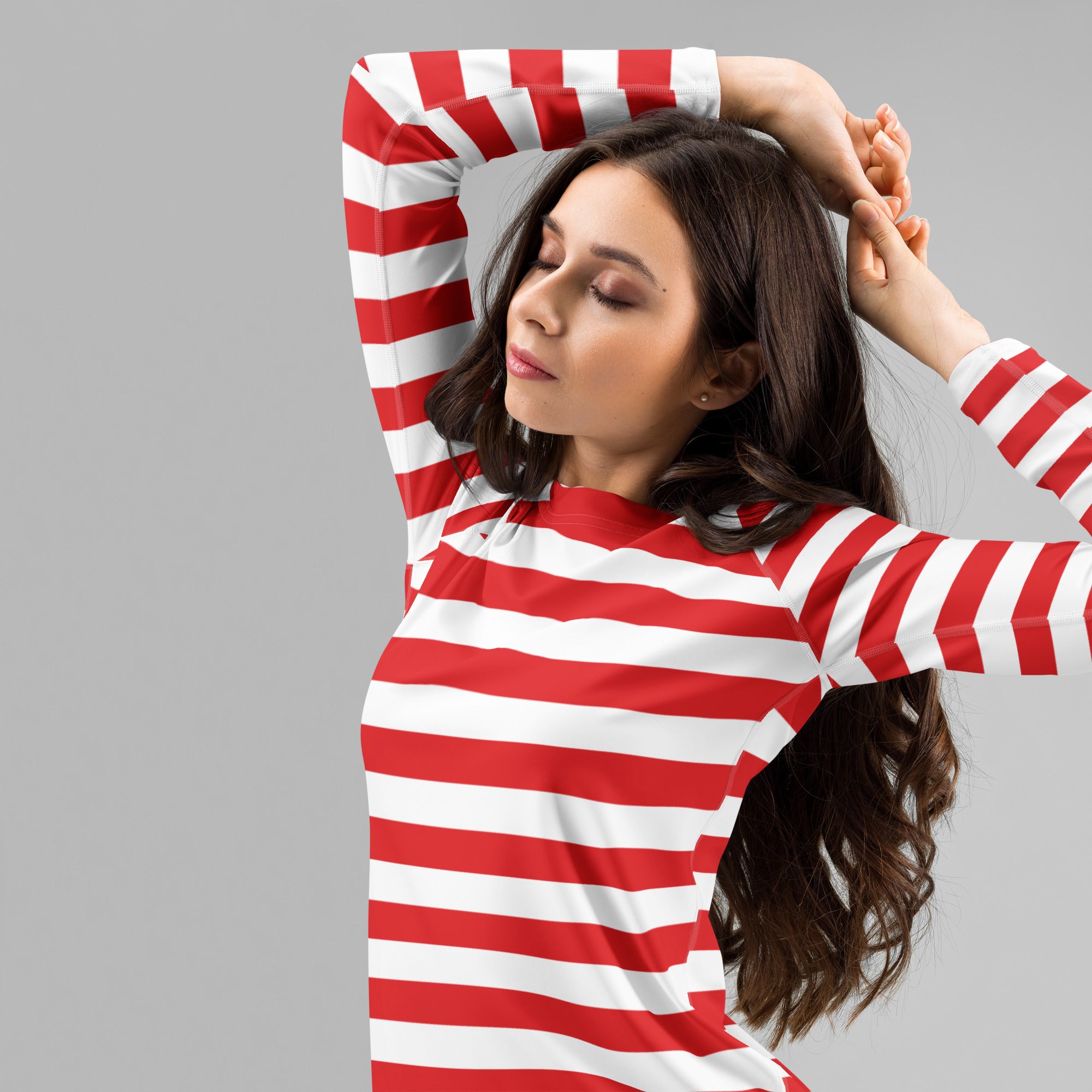 Women's Red & White Striped Long Sleeve Rash Guard Swim Shirt – Buttery Soft, Sun Safe UPF 50+ Protection, Quick Dry & 4-Way Stretch Comfort