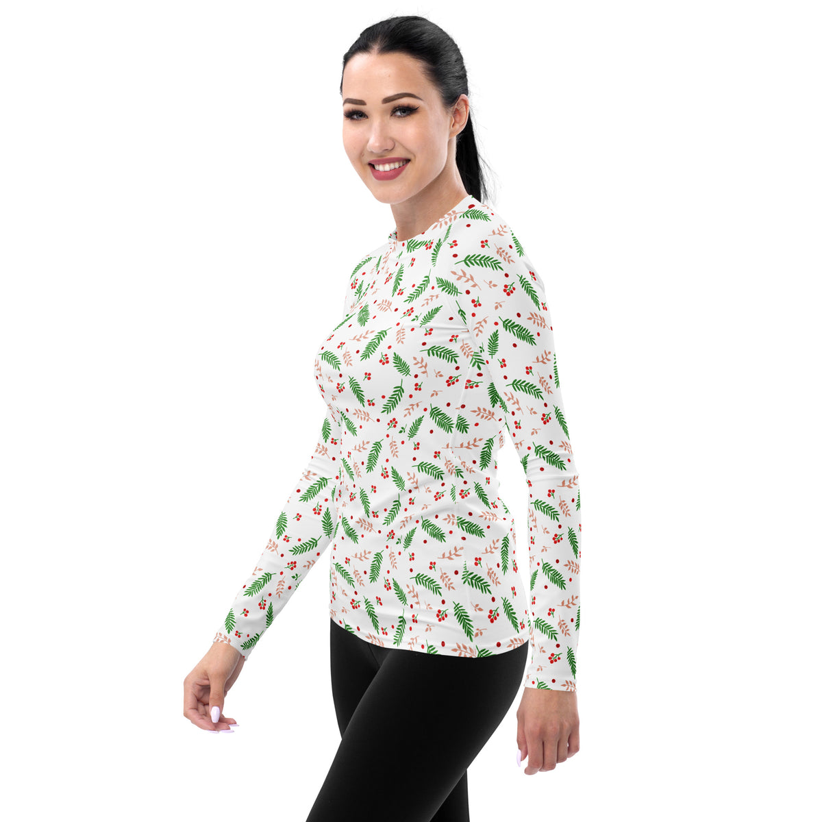 Women's Christmas Holly Berry Long Sleeve Rash Guard Swim Shirt – Buttery Soft, Sun Safe UPF 50+ Protection, Quick Dry & 4-Way Stretch Comfort